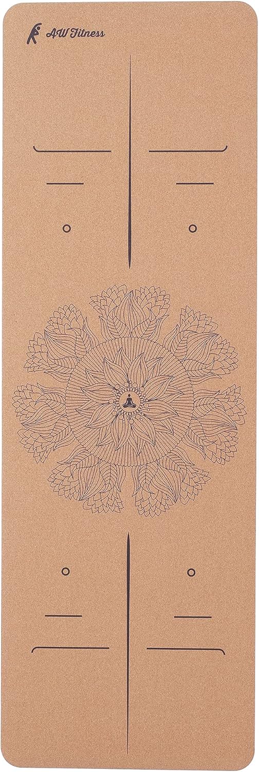 AW Fitness Premium Cork Yoga Mat | Extra Thick, Long | Natural Cork & Non-Toxic Rubber | Best for Yoga, Pilates, Exercise | Mandala Meditation Design with Markers (72-Inch x 24-Inch x 5mm Thick)