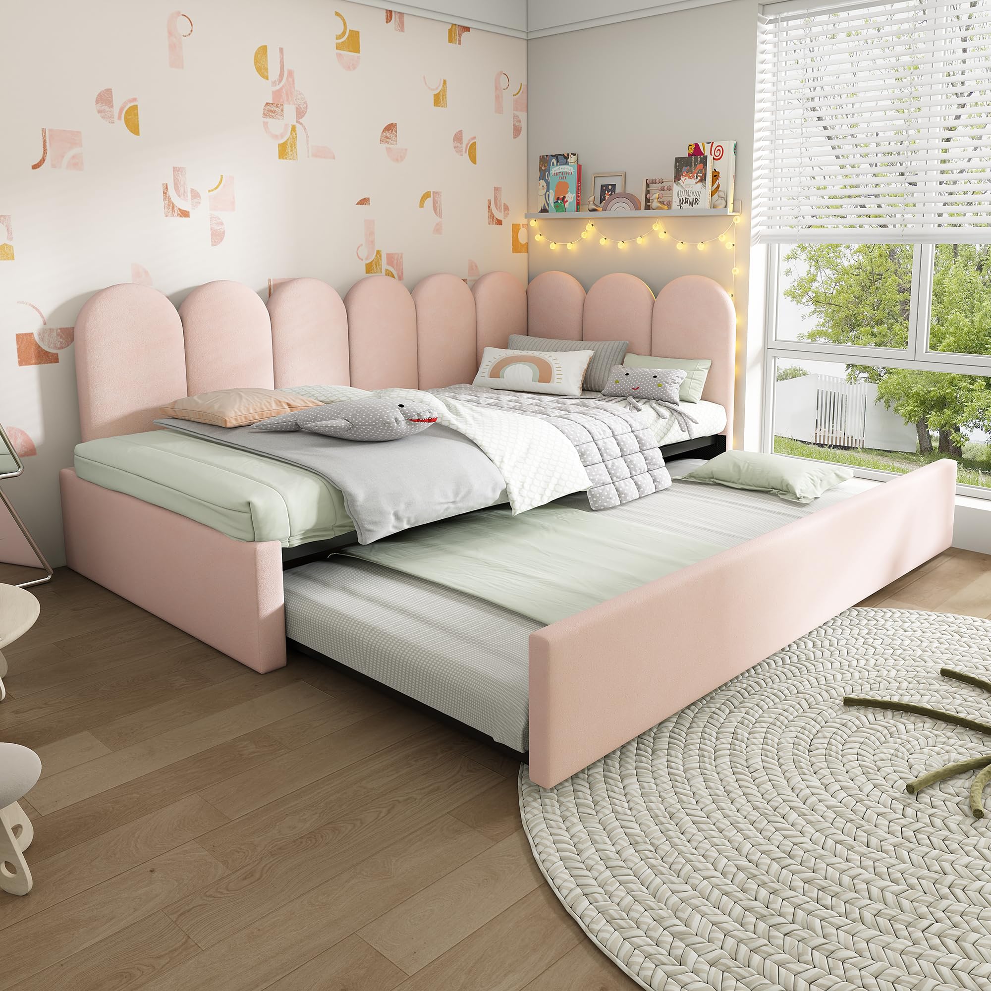 Letto Singolo 90x200 con letto estraibile 90x190, Divano Letto con pannelli laterali intercambiabili, Letto imbottito con rete a doghe, Struttura Letto Singolo in Velluto Rose (Senza Materasso)