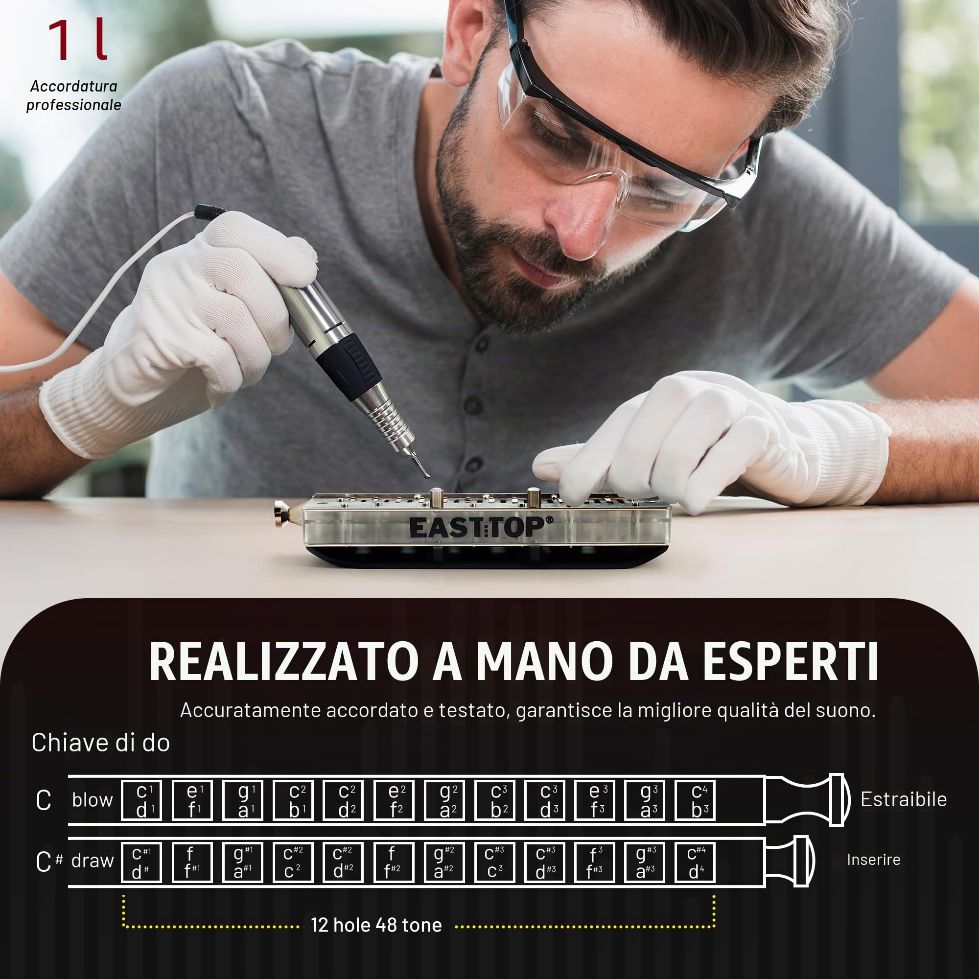 EAST TOP Armonica cromatica in chiave di do, 12 fori, 48 toni, professionale, per adulti, professionisti e studenti, nera