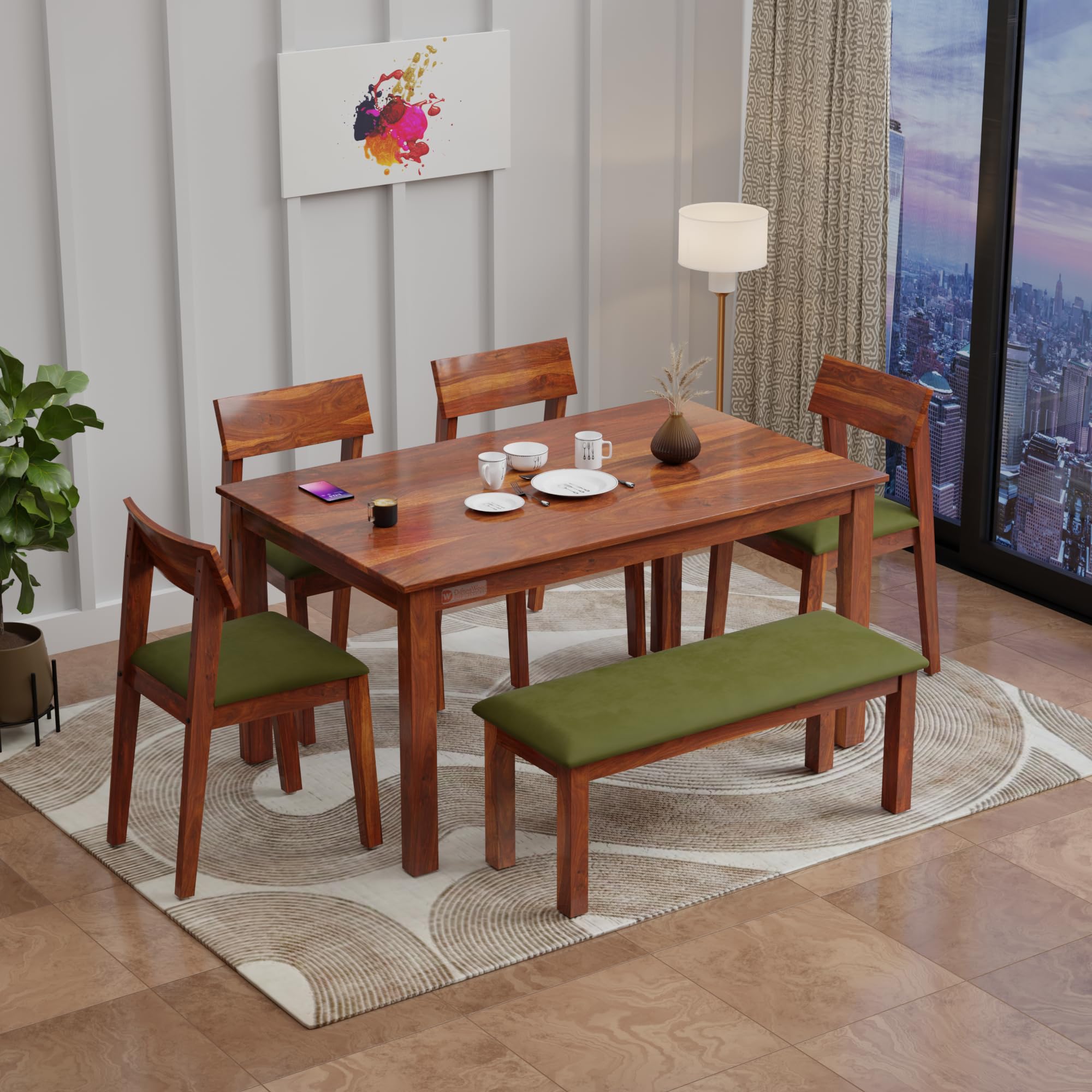 DRIFTINGWOOD Liana 6-Seater Dining Table Set - Sheesham Wood Natural Honey Finish with Table, 4 Green Cushioned Chairs & Bench - Ideal for Kitchen & Living Room - DIY