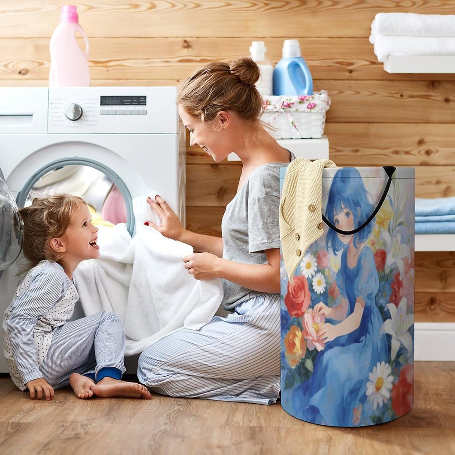 Blue Girl And Flowers Laundry Hamper 86L Waterproof Collapsible Clothes Basket with Double Handles Freestanding Foldable Laundry Basket Large Clothes Hamper for Bathroom