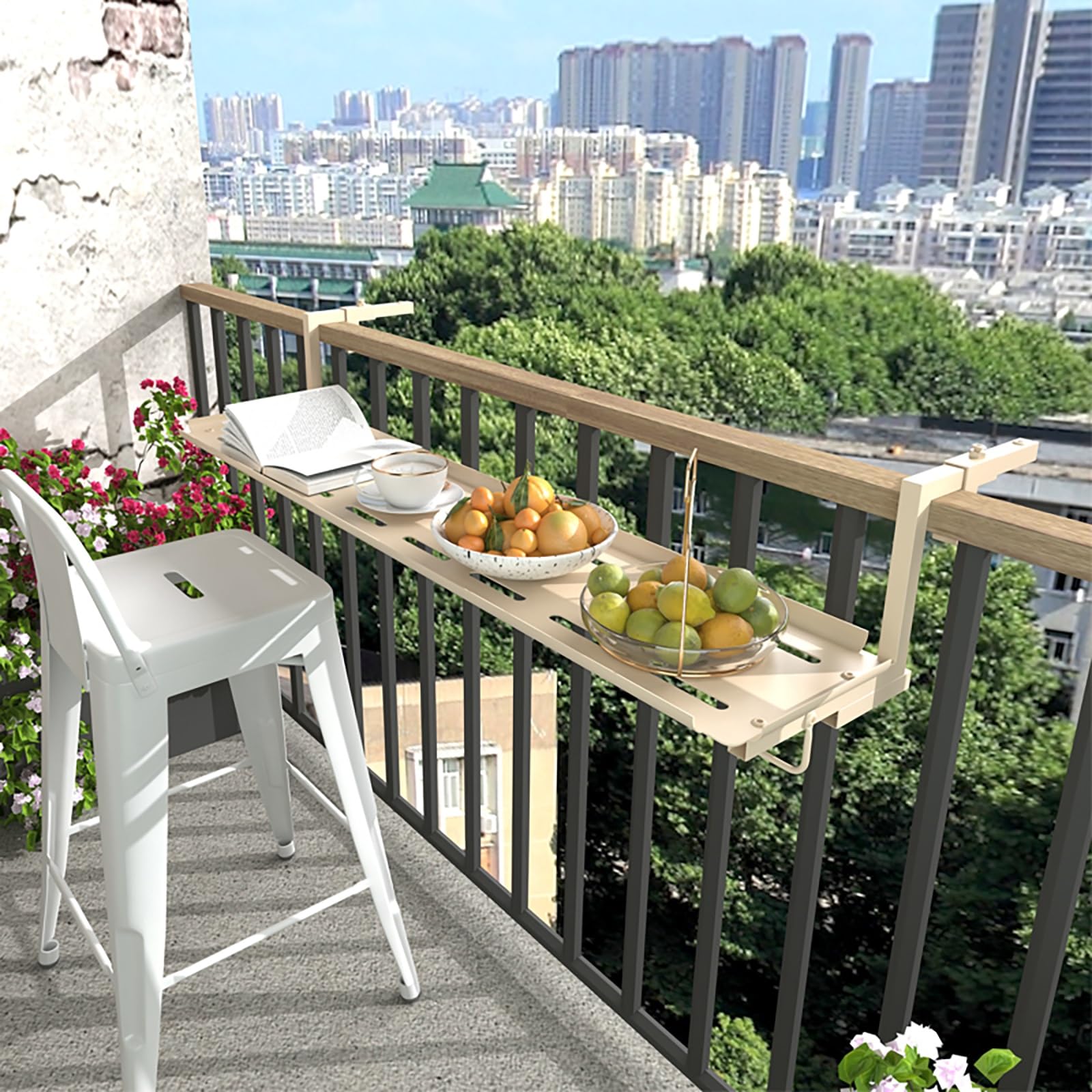 Mesa de balcón plegable para exteriores, 7 alturas, ajustable, color blanco, 90 cm, ideal para barandilla de jardín y balcón