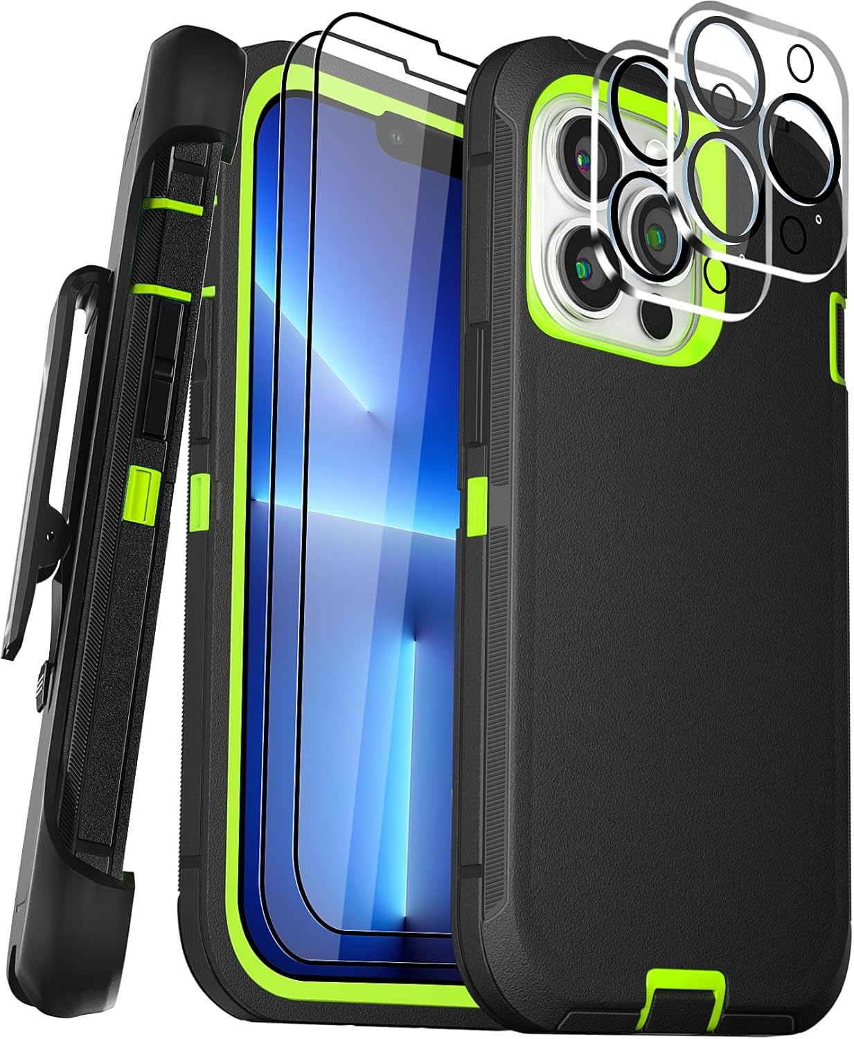 Case for iPhone 13 Pro Max Case 6.7" with Belt Clip Holster Kickstand, 2 Screen Protector & 2 Camera Lens Protector, Heavy Duty Full Body Protection Phone Case(Belt Clip,Black+Green)