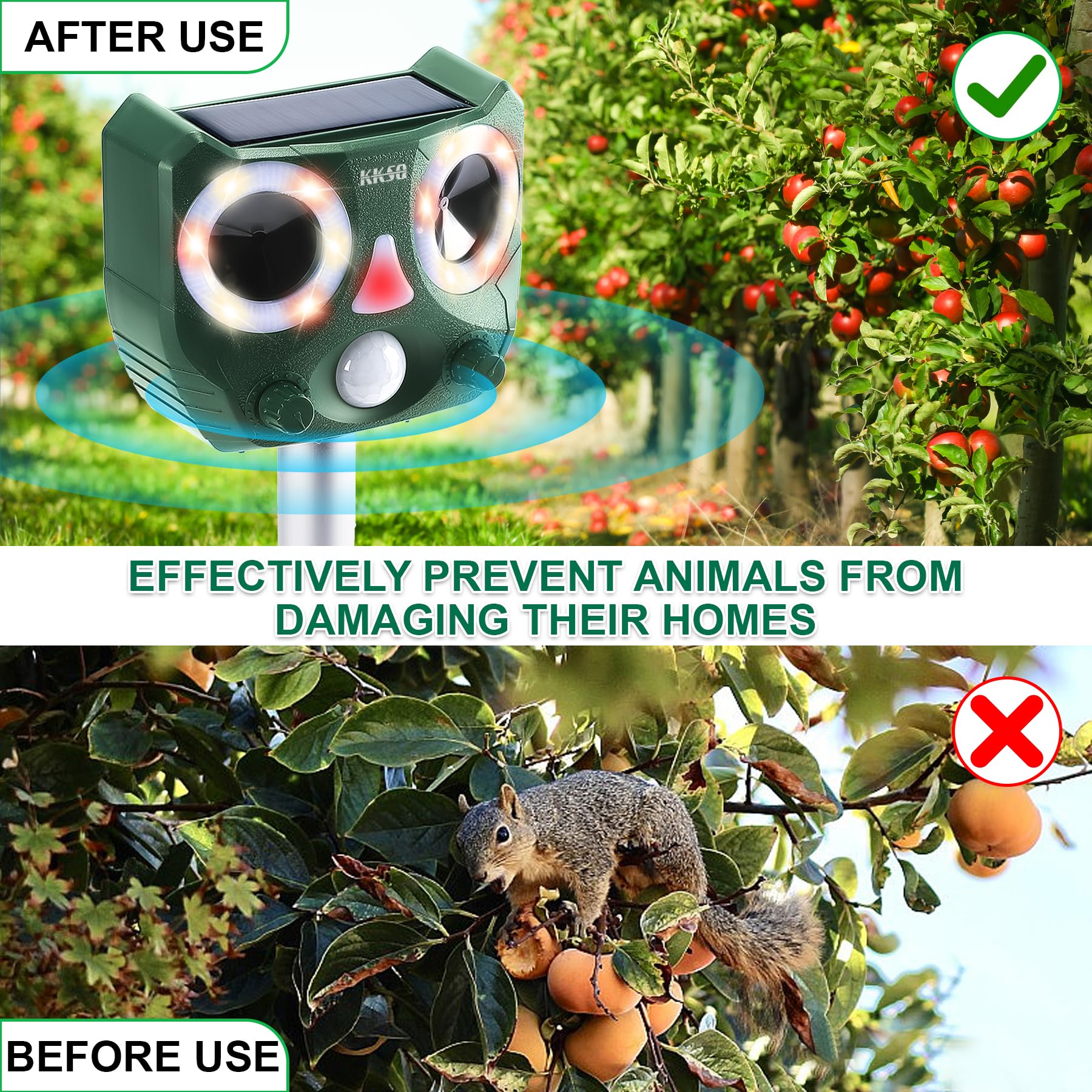 Répulsif solaire à ultrasons pour animaux d'extérieur et d'intérieur avec design de forme bionique, dispositif répulsif étanche avec détecteur de mouvement pour chat, chien, oiseau, lapin, écureuils