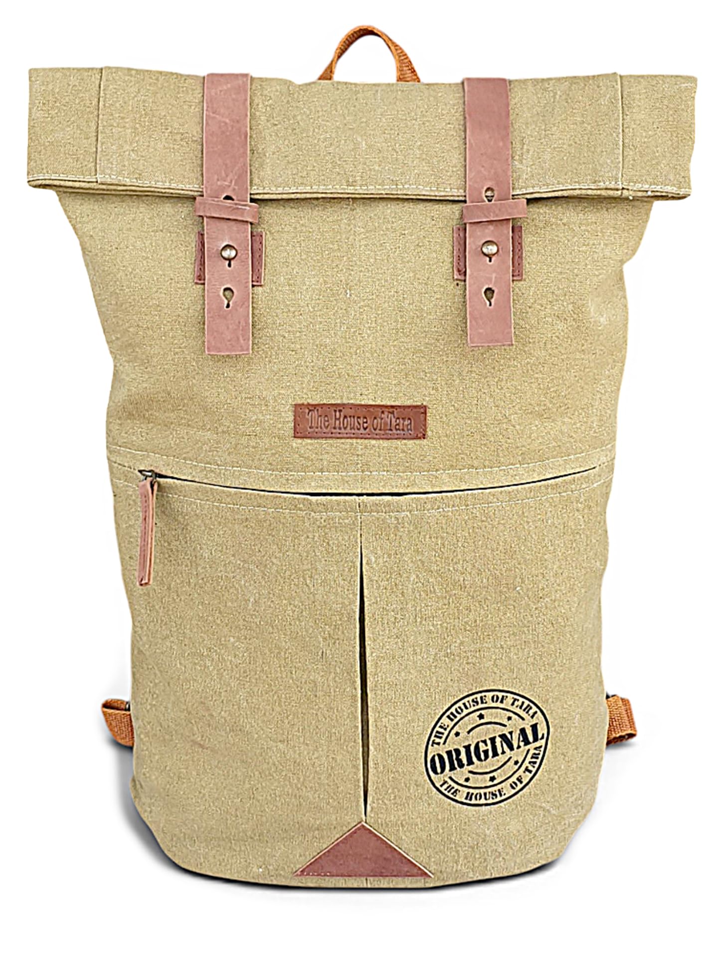 the house of tara Canvas Backpack for Men and Women 21 Litres | Waterproof Cotton Bag with Top Roll Down Design & Leather strap Closure | Casual Backpacks Suitable for College, Travel & Hiking (Beige)-picture-11