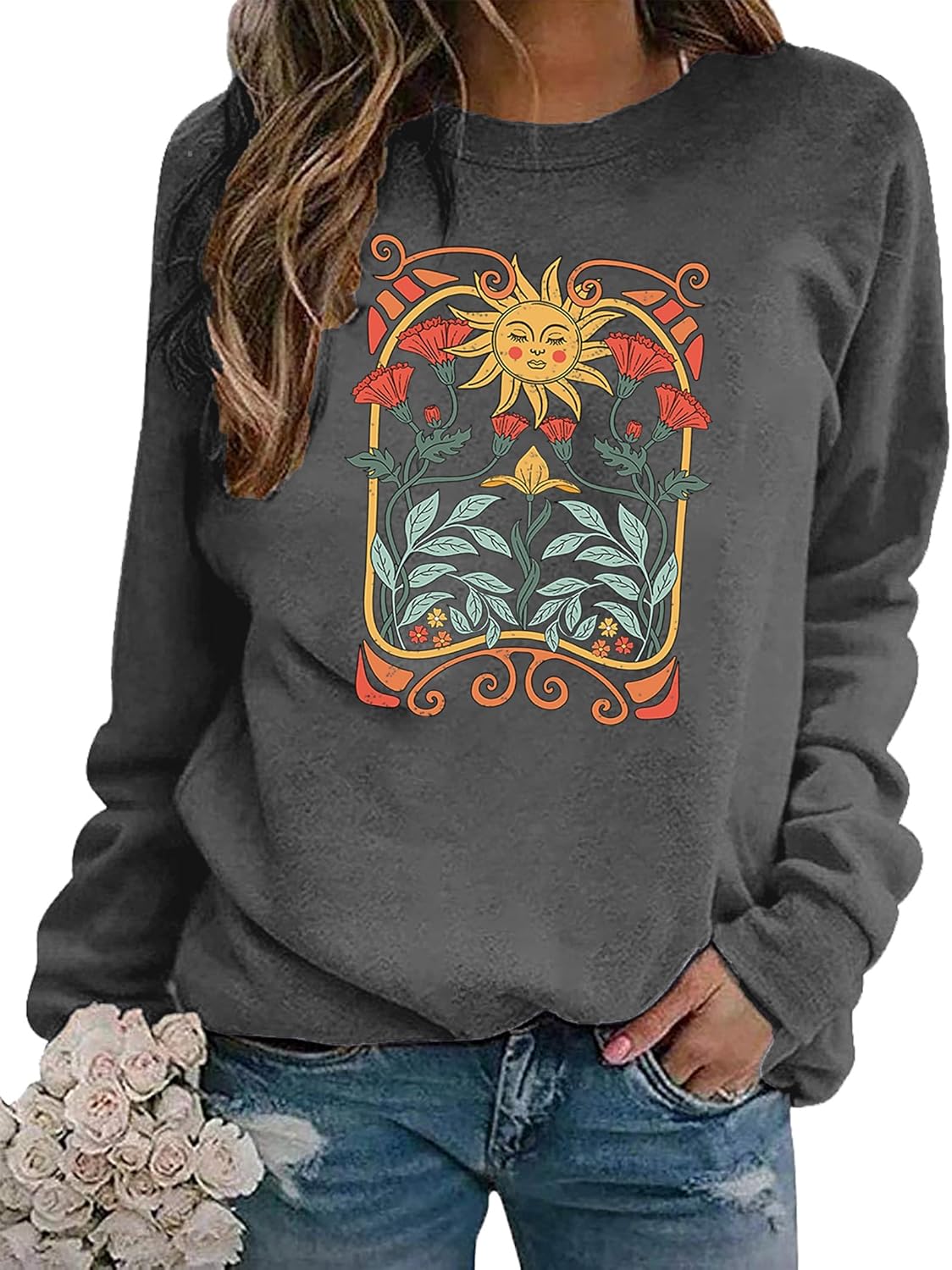 Vintage Wildflowers Sweatshirt Women Boho Floral Casual Long Sleeve Printed Flowers Shirts Pullover Tops