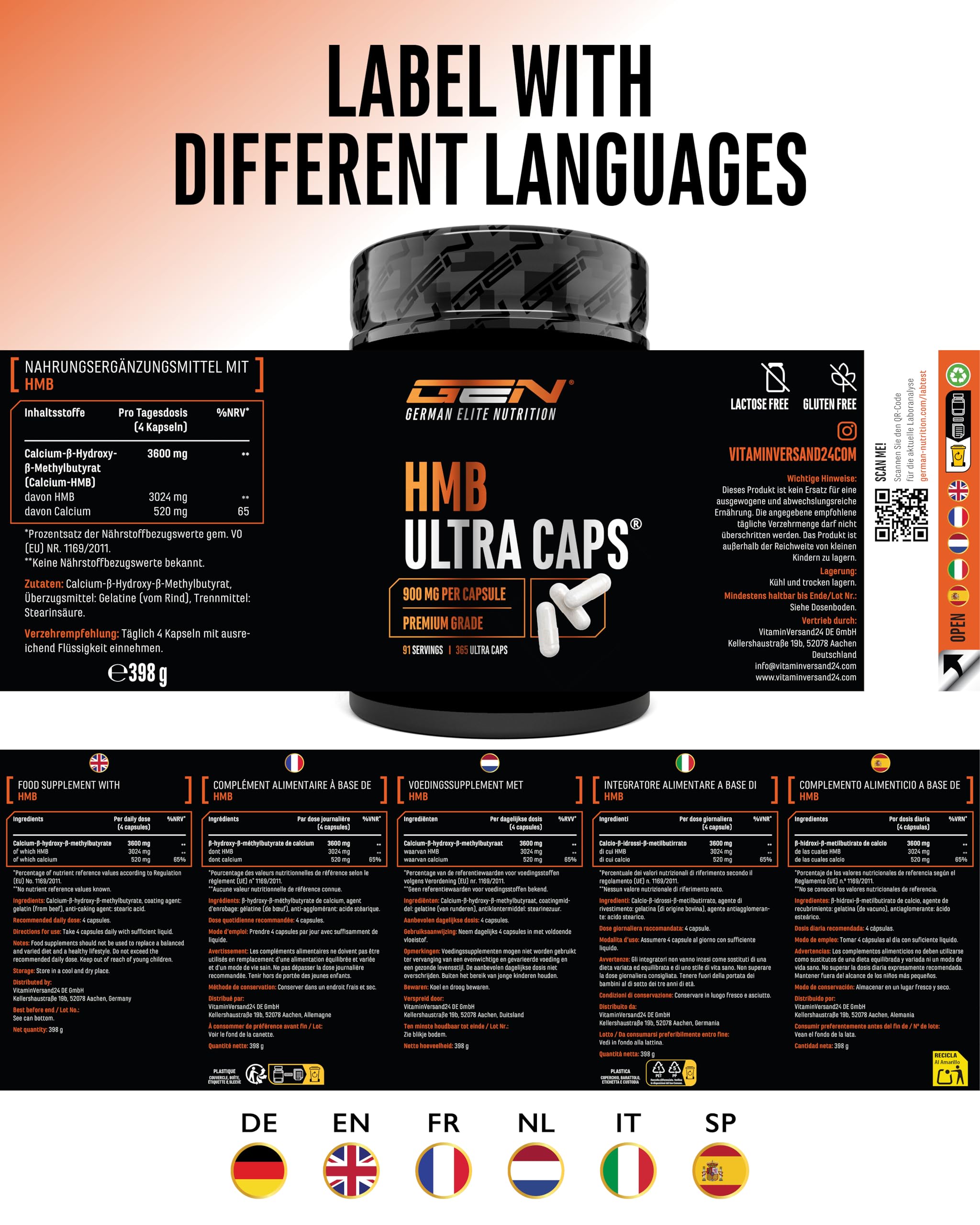 GEN GERMAN ELITE NUTRITION HMB Ultra Caps - 365 Kapseln | 3600 mg Calcium-HMB, hochdosiertes HMB, ohne unerwünschte Zusätze