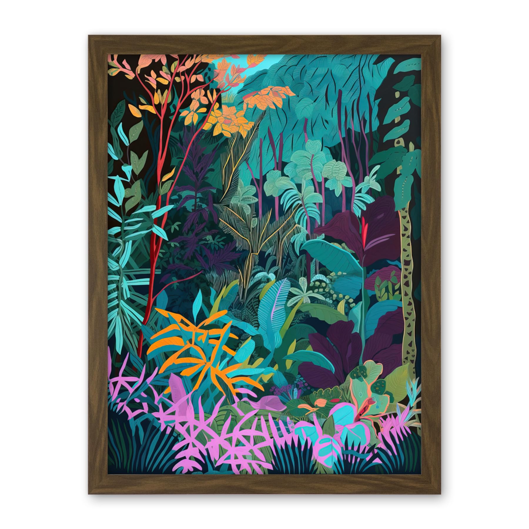 Artery8 Tropical Jungle Forest Vibrant Colour Illustration Artwork Framed Wall Art Print 18X24 Inch