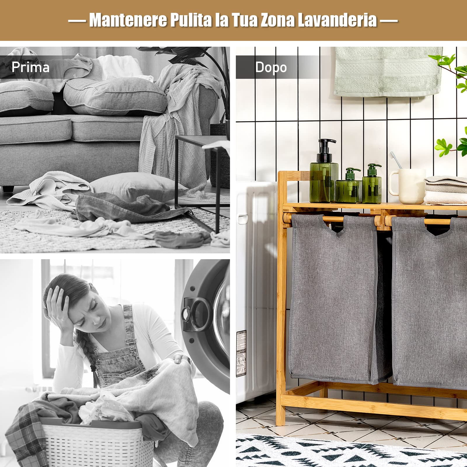 COSTWAY 70 L Cesto della Biancheria Sporca in Bambù Ecologico Naturale, Portabiancheria Sporca a 2 Scompartimenti con Borse Rimovibili, Anti-odore e Durevole, per Bagno e Lavanderia (Grigio)