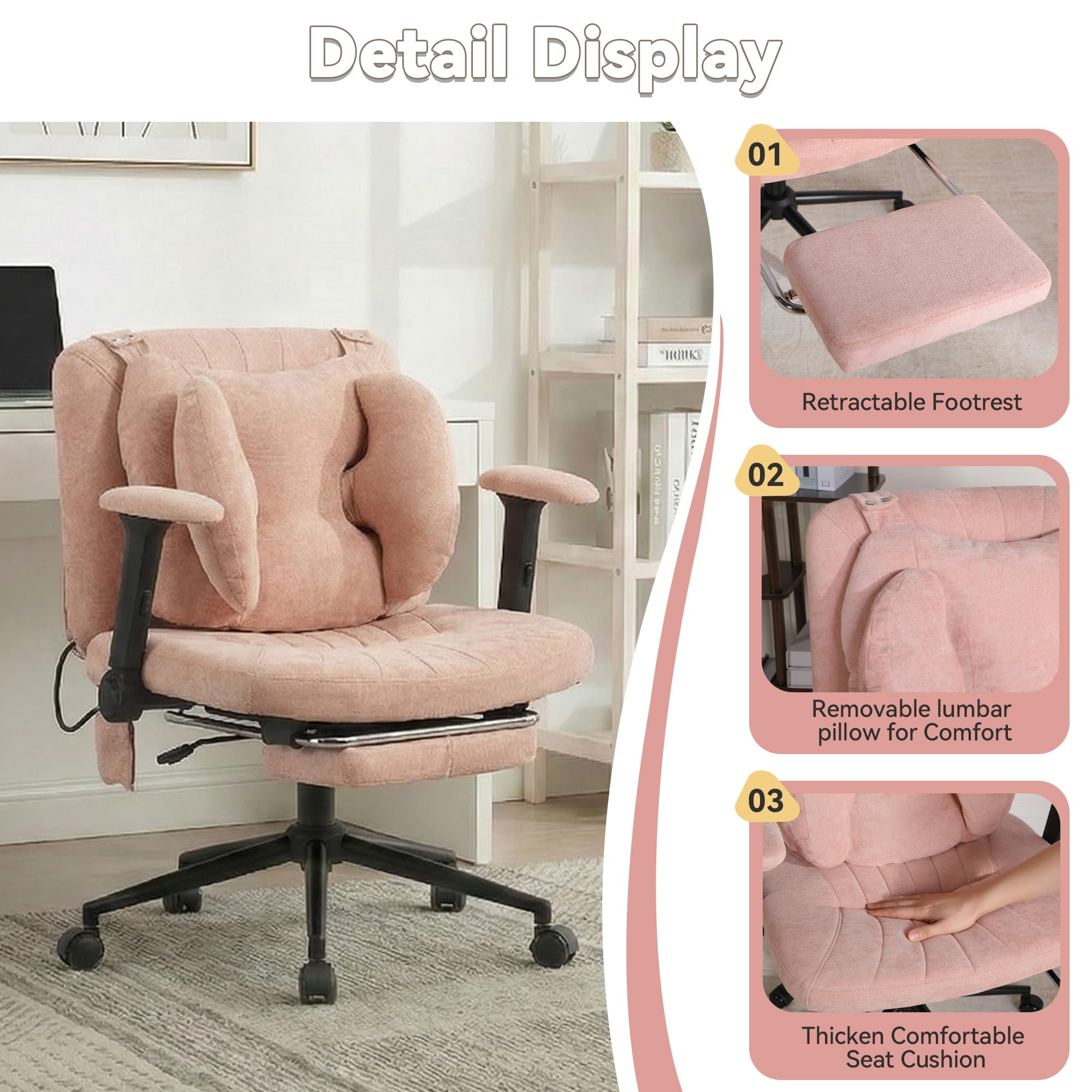 EBELLO Homeoffice Stuhl, Drehstuhl, Schreibtischstuhl mit Fußstütze höhenverstellbar Tragfähigkeit 150kg Gaming Stuhl mit Armlehnen Rollen, für Arbeitszimmer, Rosa