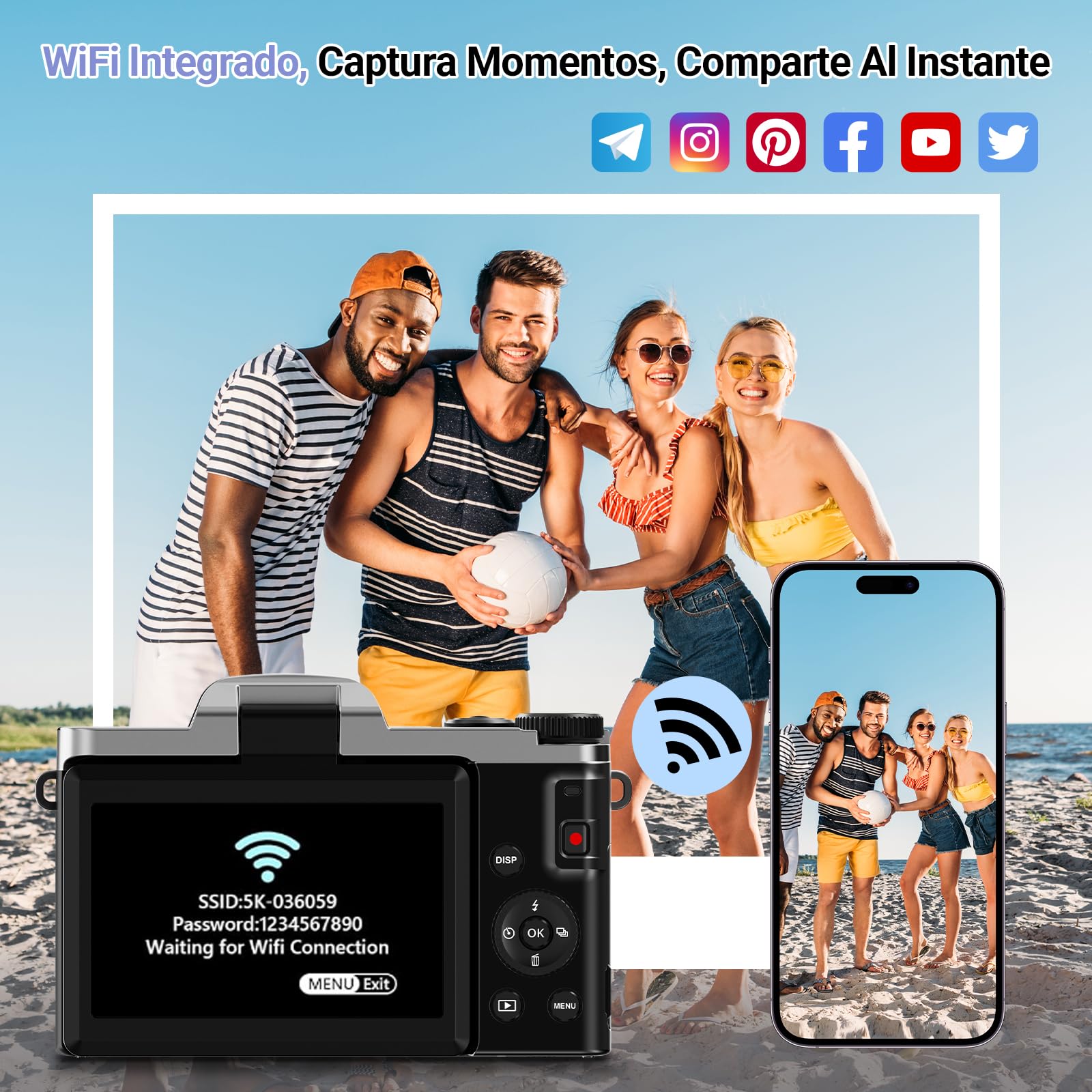 Cámara Digital con WiFi 4K 64MP Cámara de Fotos Digital con Pantalla Abatible 3″ 180°, Zoom Digital 16X, Autofoco, 2 Baterías y Tarjeta 32GB para Adolescentes, Principiante, Vlogging, Grabación