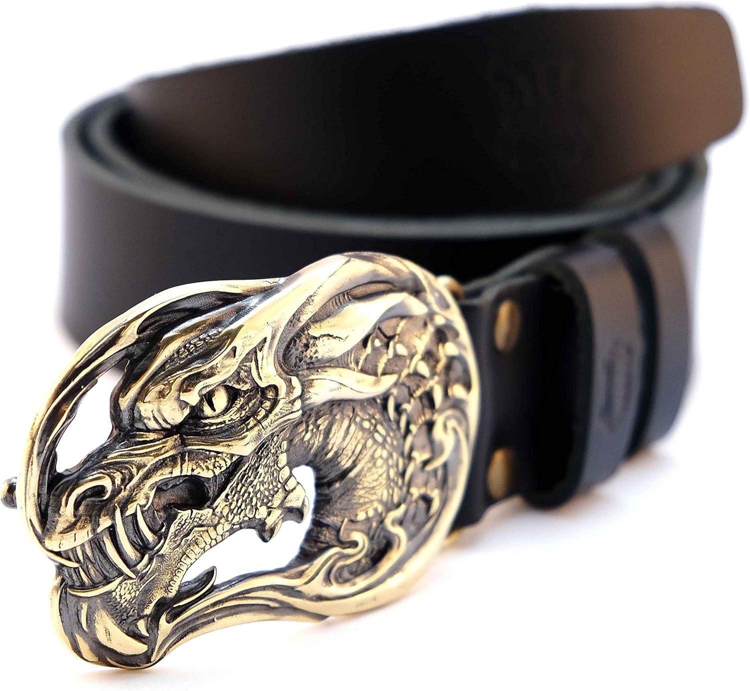 Leather belt with belt buckle Dragons Head, Handmade Jormungandr head solid brass belt buckle on leather belt