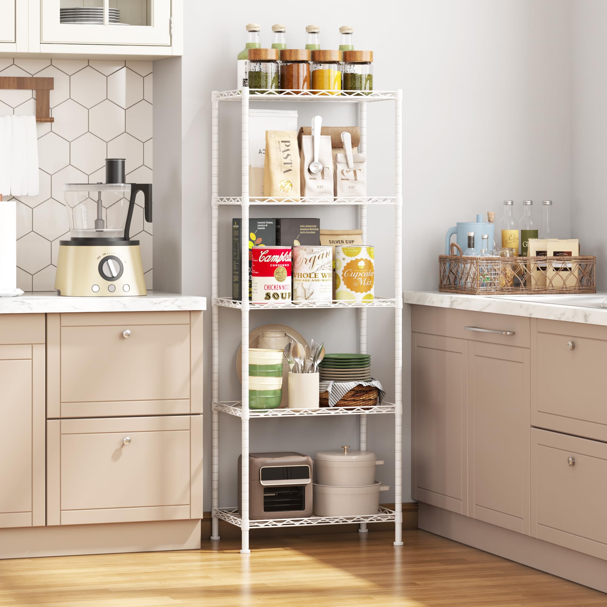 HOMEFORT Regal mit 5 Fächern, verstellbares Drahtregal, Metalldraht, Regal für Küche, Speisekammer, Schrank, Badezimmer, Wäsche, weiß, 53,3 cm B x 27,9 cm T x 134,6 cm H