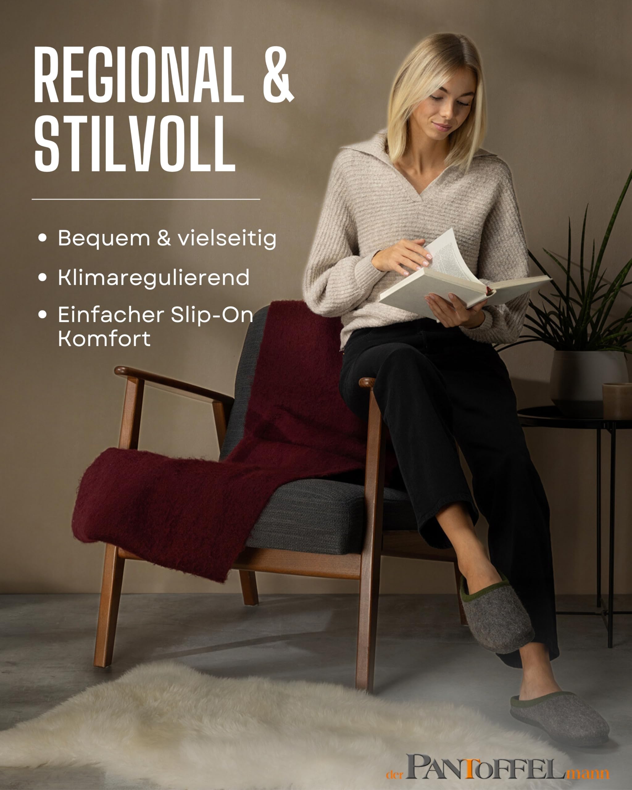 Pantoffelmann Bio-Filzpantoffeln aus 100 % Wollfilz I Grau I Größen 36–51 I Atmungsaktive & bequeme Hausschuhe mit dicker Filzsohle I Stilvolle & warme Filzhausschuhe für Damen & Herren