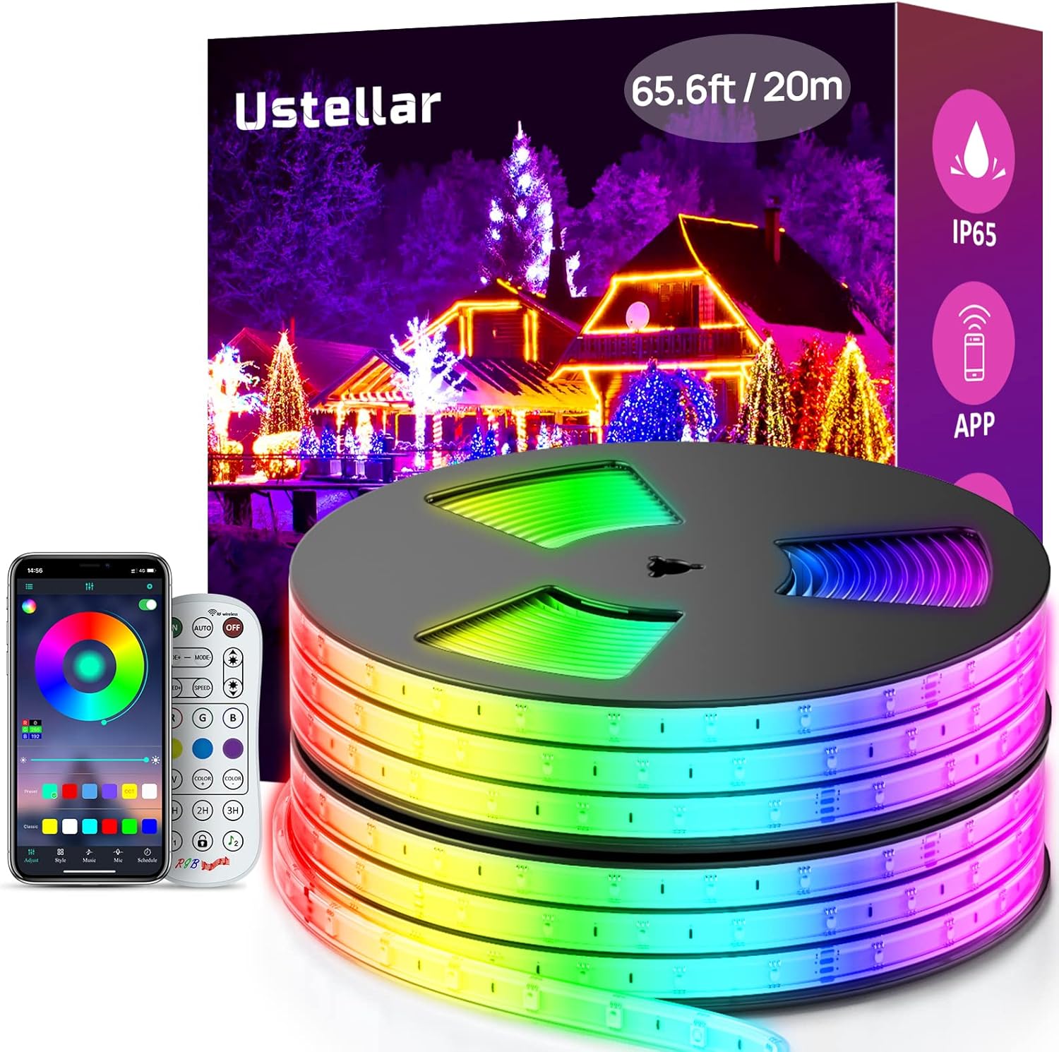 USTELLAR 65.6ft (2 Rolls of 32.8ft) LED Rope Lights Waterproof IP65 640 LEDs, 360lm Bright Color Changing Strip Light Plug-in 24V, App/RF Control Dimmable Music Sync Light Not Cuttable, Not Extendable