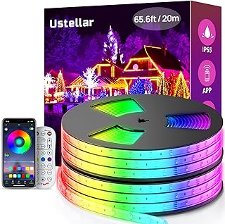 USTELLAR 65.6ft (2 Rolls of 32.8ft) LED Rope Lights Waterproof IP65 640 LEDs, 360lm Bright Color Changing Strip Light Plu...