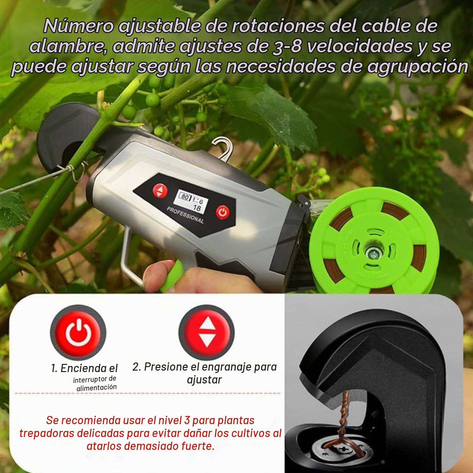 Máquina para Atar Viñas, Máquina Eléctrica para Atar Plantas De Jardinería, Pistola para Uvas, Tomates, Pepinos, Pimientos Y Flores, Atadora Eléctrica De Plantas,con Tijeras de podar （Verde）