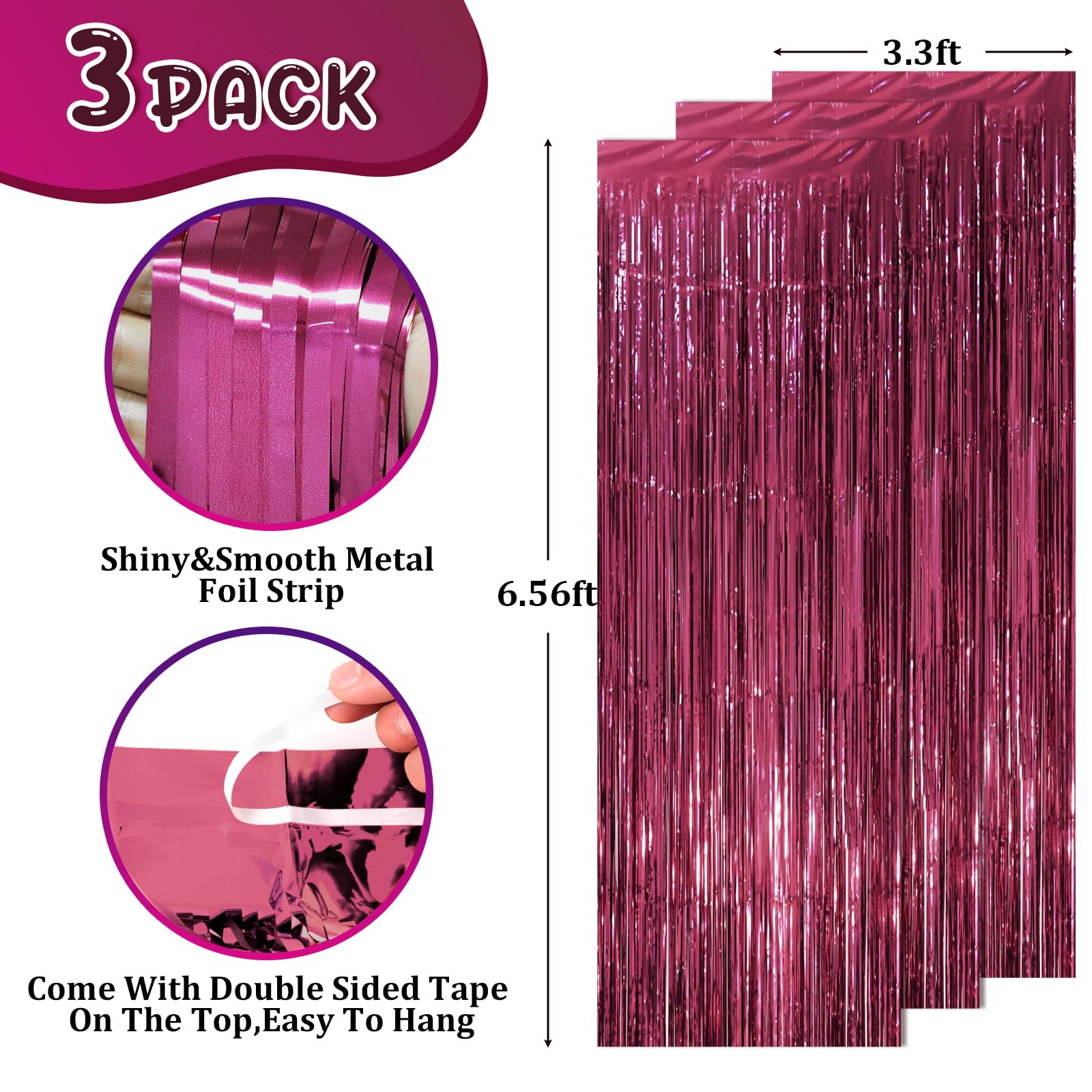 Voircoloria 3 Pack 3.3 x 8.2 ft Burgundy Foil Fringe Backdrop Curtains, Tinsel Streamers Party Decorations, Fringe Backdrop, Door Shimmer for Graduation, 70s, 80s, 90s Party