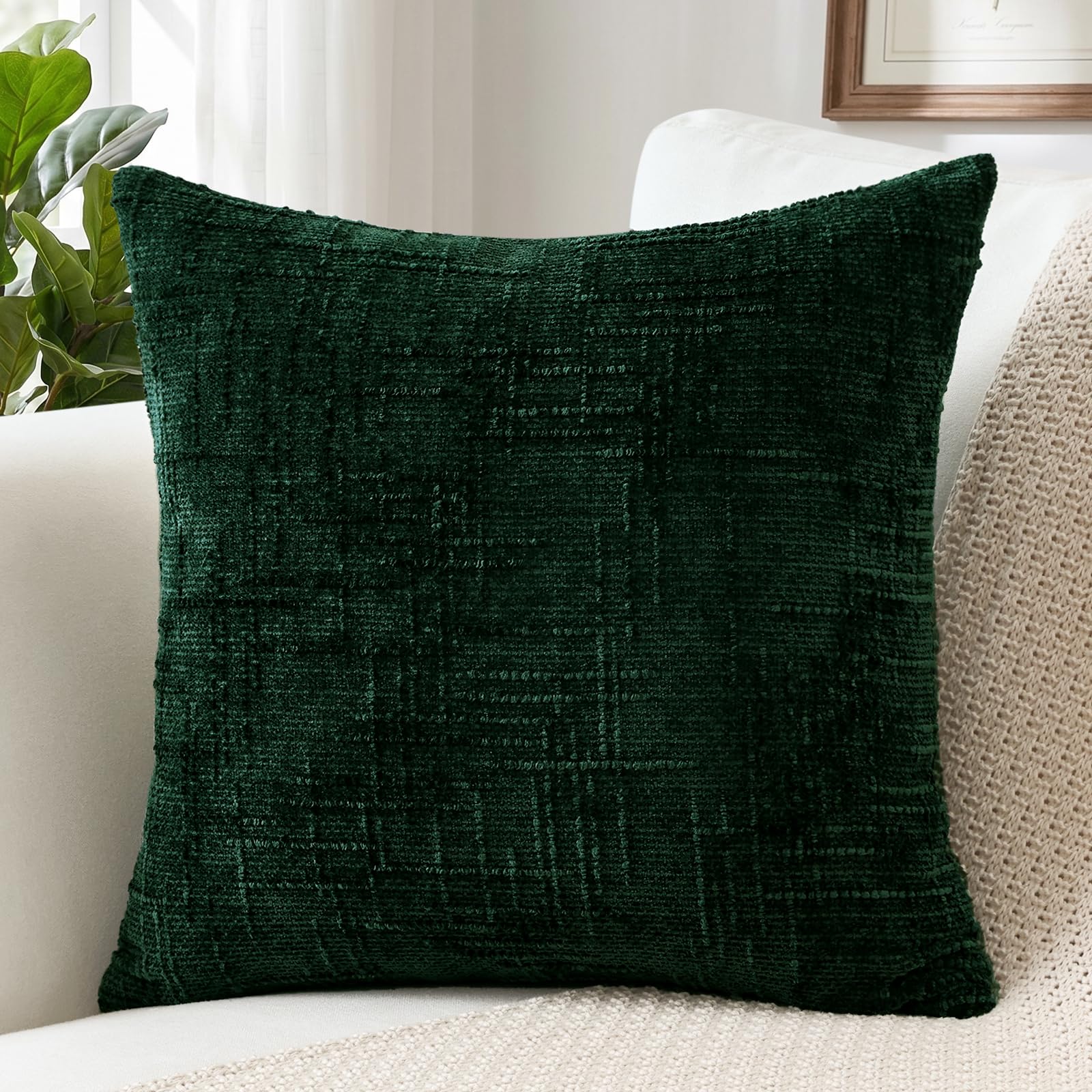 Sungeek Chenille Textured Cushion Cover 50x50cm, Farmhouse Solid Dyed Throw Pillow Case Cover, Decorative Square Cushion Case for Home Decor Couch Sofa Bed Living Room, Dark Green โ image 1