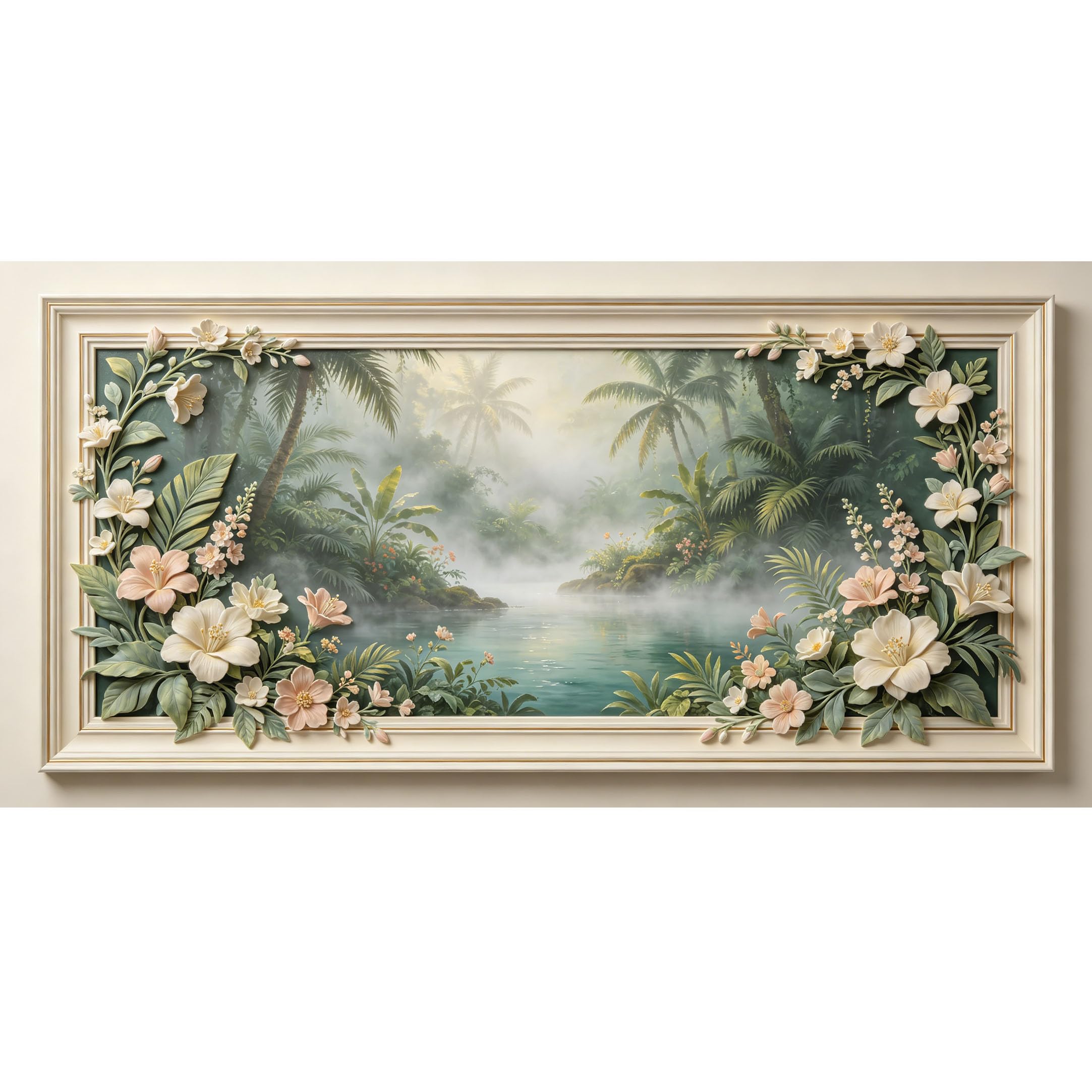 Agglomerix 3D Framed Wall Art Tropical Rainforest Lake Palm Floral Botanical Relief Effect Large Size SelfAdhesive Removable Wall Decor Prints Artwork for Living Room Bedroom Office