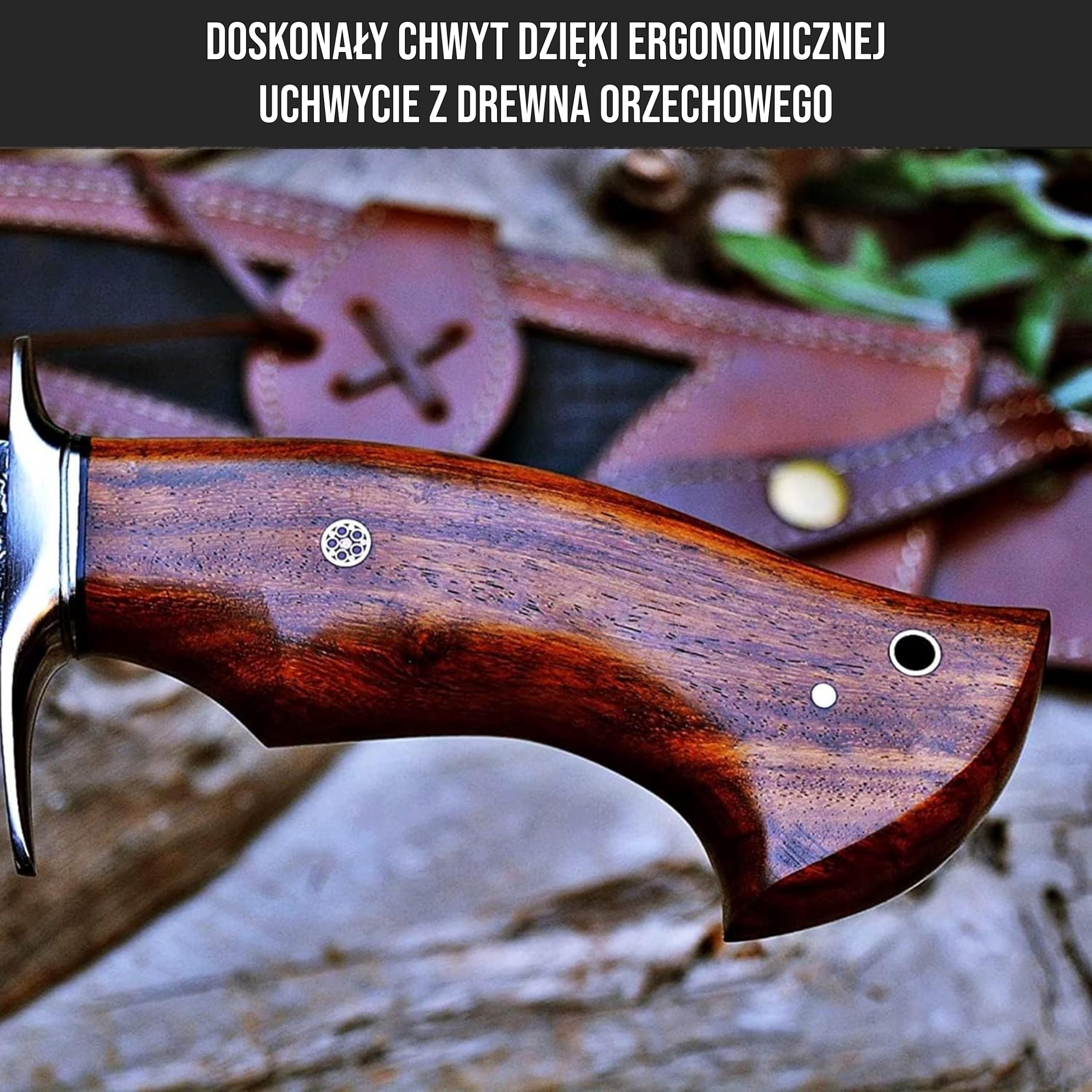 BIGCAT ROAR Ręcznie Wykonywany Nóż Myśliwski z Damasceńskiej Stali – Nóż o Stałym Ostrzu z Pochwą i Rękojeścią z Drewna Orzechowego 15″ – Nóż do Skórowania EDC – Wrzeszczący Orzeł
