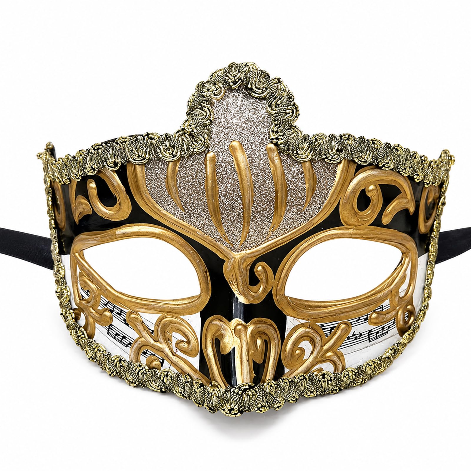 Men's Venetian Half-Face Mask, Black Gold Masquerade Ball Fancy Dress