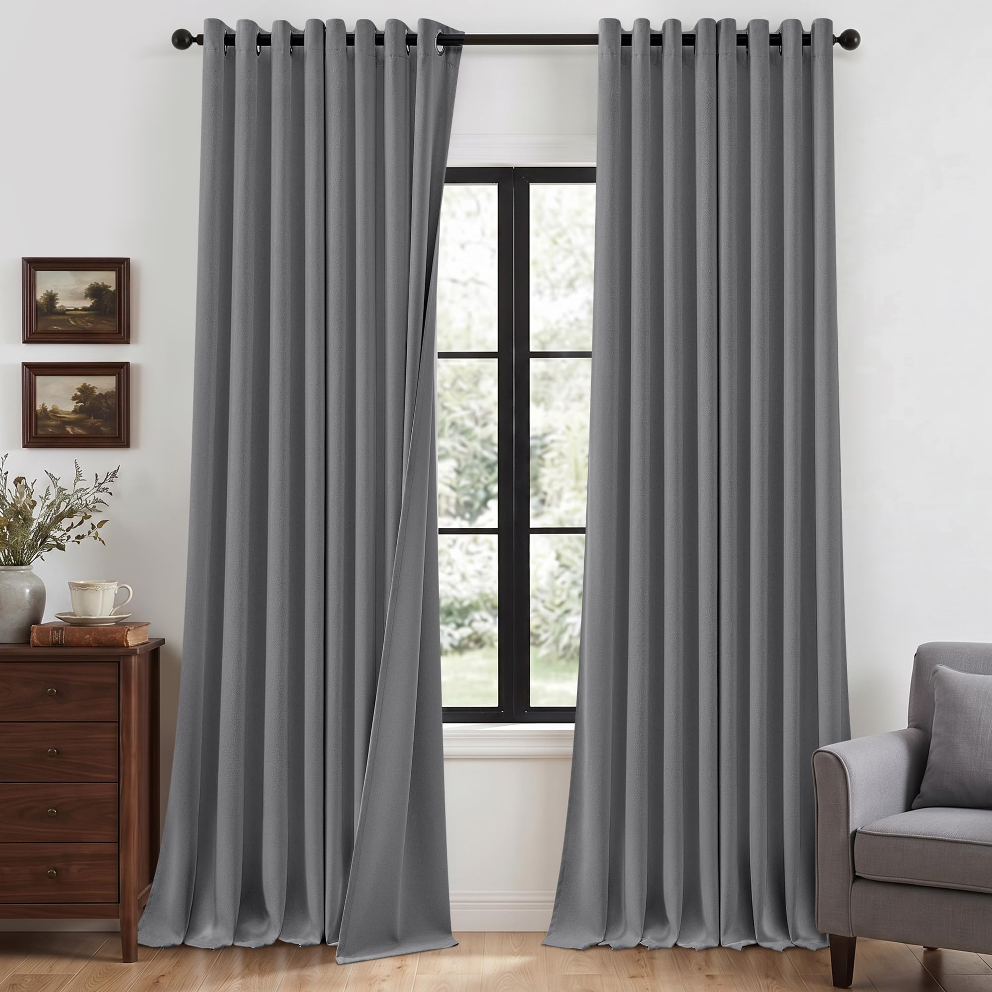 Best Baisite Blackout Curtains 2 Panels 96 Inch Drop Double-Sided Linen Curtains for Living Room Eyelet Thermal Sun Blocking Curtains Grey Blackout Curtains for Bedroom Window Treatments 52"W x 96"L