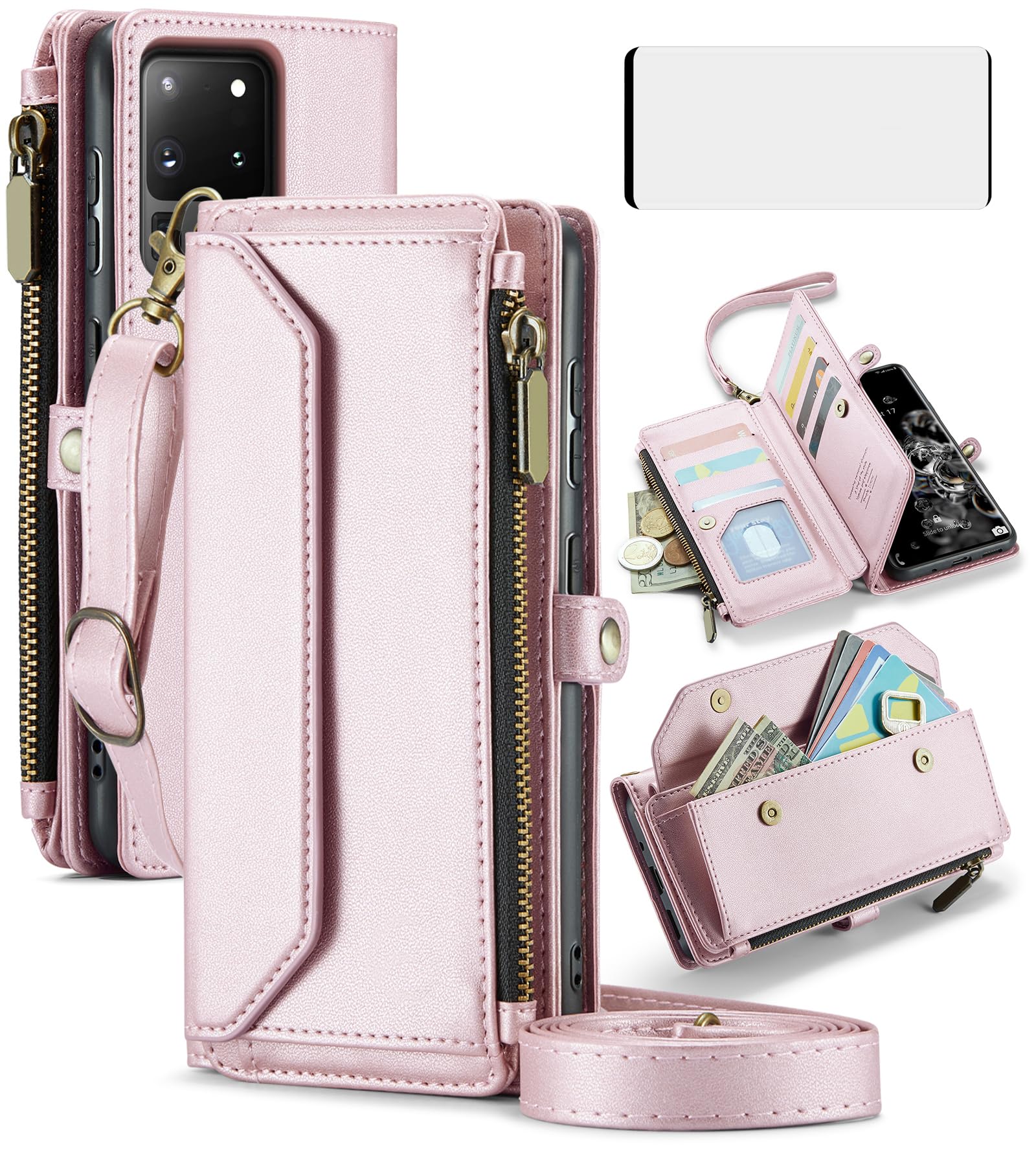 Asuwish Phone Case for Samsung Galaxy S20 Ultra 5G Zipper Wallet Cover with Tempered Glass Screen Protector and Flip RFID Blocking Card Holder Cell