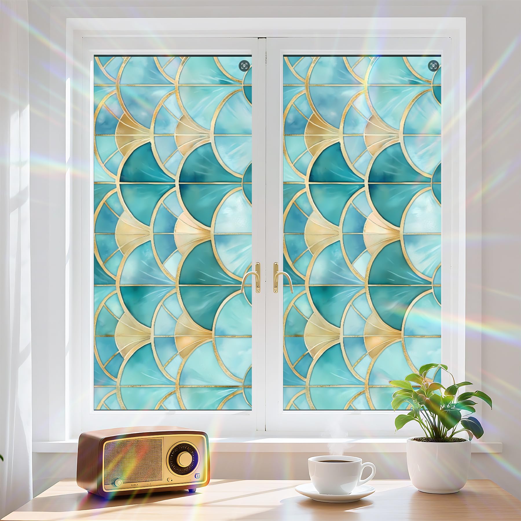 Stained Glass Window Privacy Film Rainbow Window Film Static Cling Non-Adhesive Window Clings Decorative Glass Decal for Home Office 17.5 X 39.3in