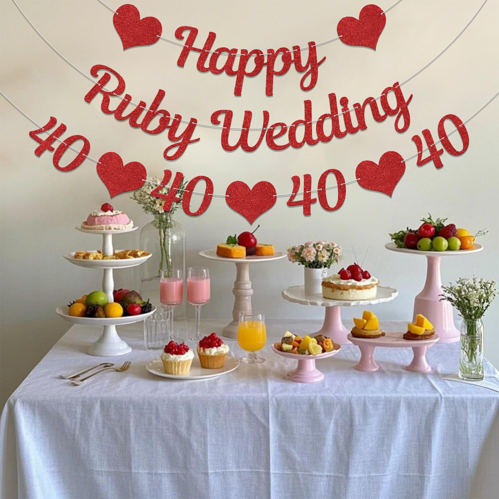 Happy 40th Wedding Anniversary Banner - Happy Ruby Wedding Banner Red Glitter - Image 4