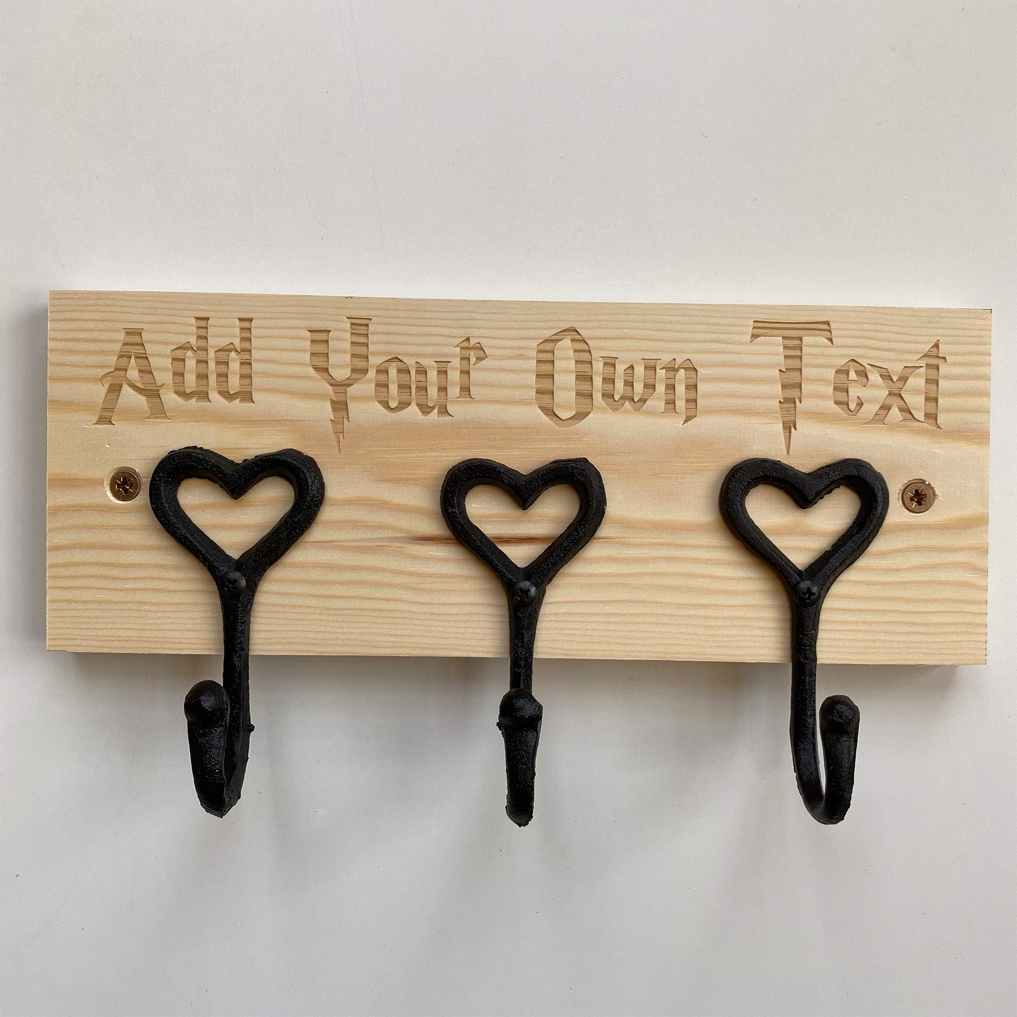 Cutncraft Designs Personalised Coat Rack Rail with 3 Heart Hooks for Jackets Children Nursery Add Own Text in Harry Potter Font