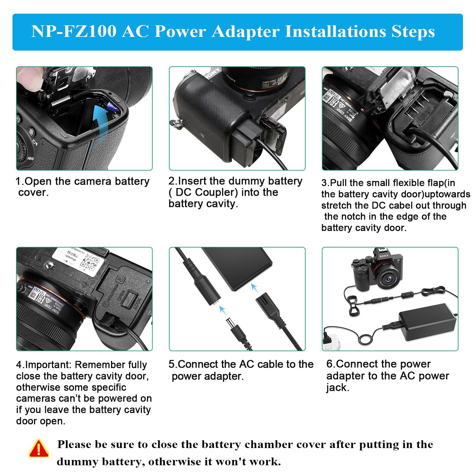 Kit Adaptateur d'alimentation avec Batterie factice NP-FZ100 pour Sony FX3, A7S III, A7 IV, A7 III, A7R III, A7R IV, A7R V, A7C II, A7CR, A1, A9, A9 II, A6600, A6700, FX30, ZV-E1, ZV-E10 II