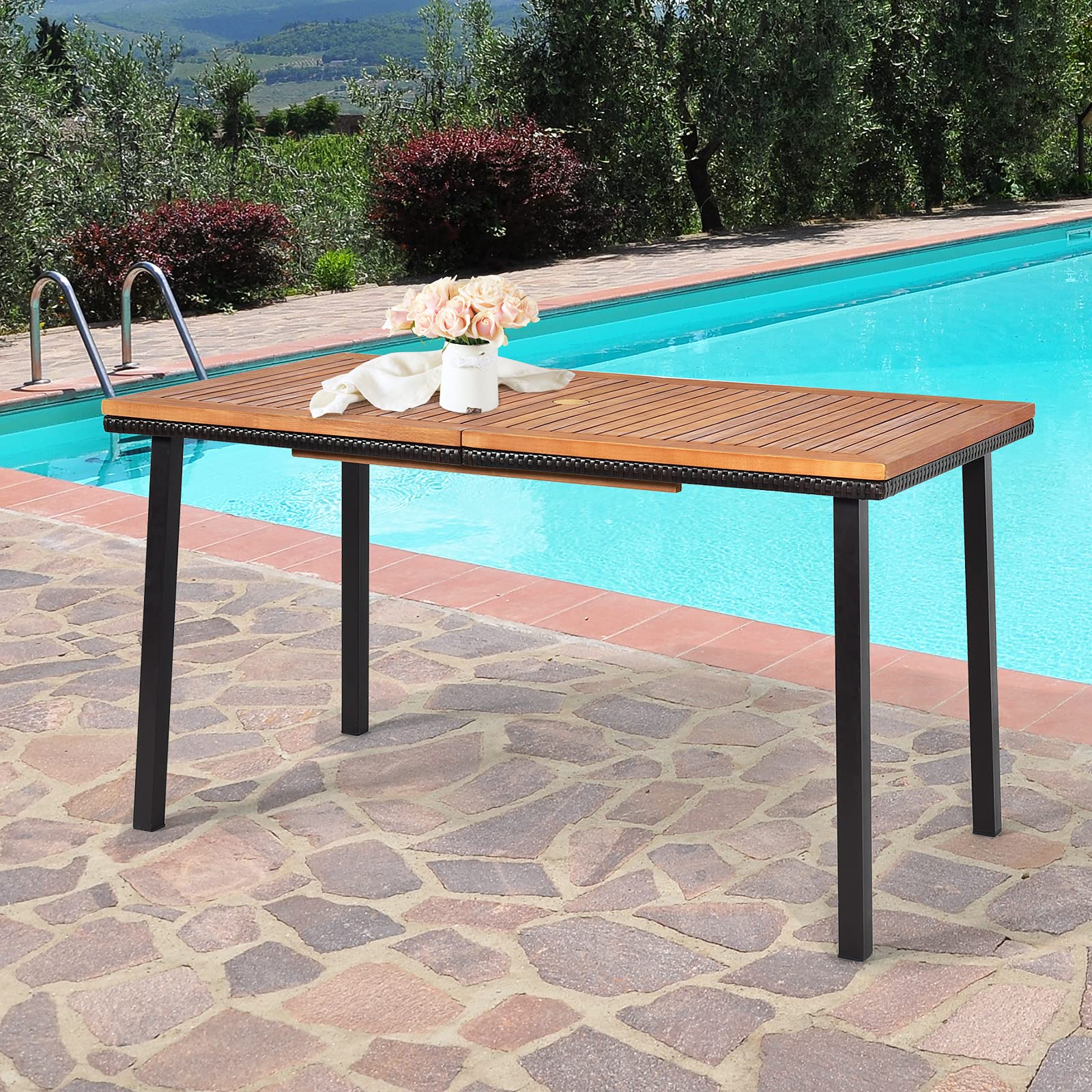 COSTWAY Tavolo da Giardino in Legno di Acacia, Tavolo Rettangolare con Struttura in Acciaio e Foro per Ombrellone, Tavolo da Pranzo Giardino Ideale per Giardino Cortile Balcone (140 x 75 cm)