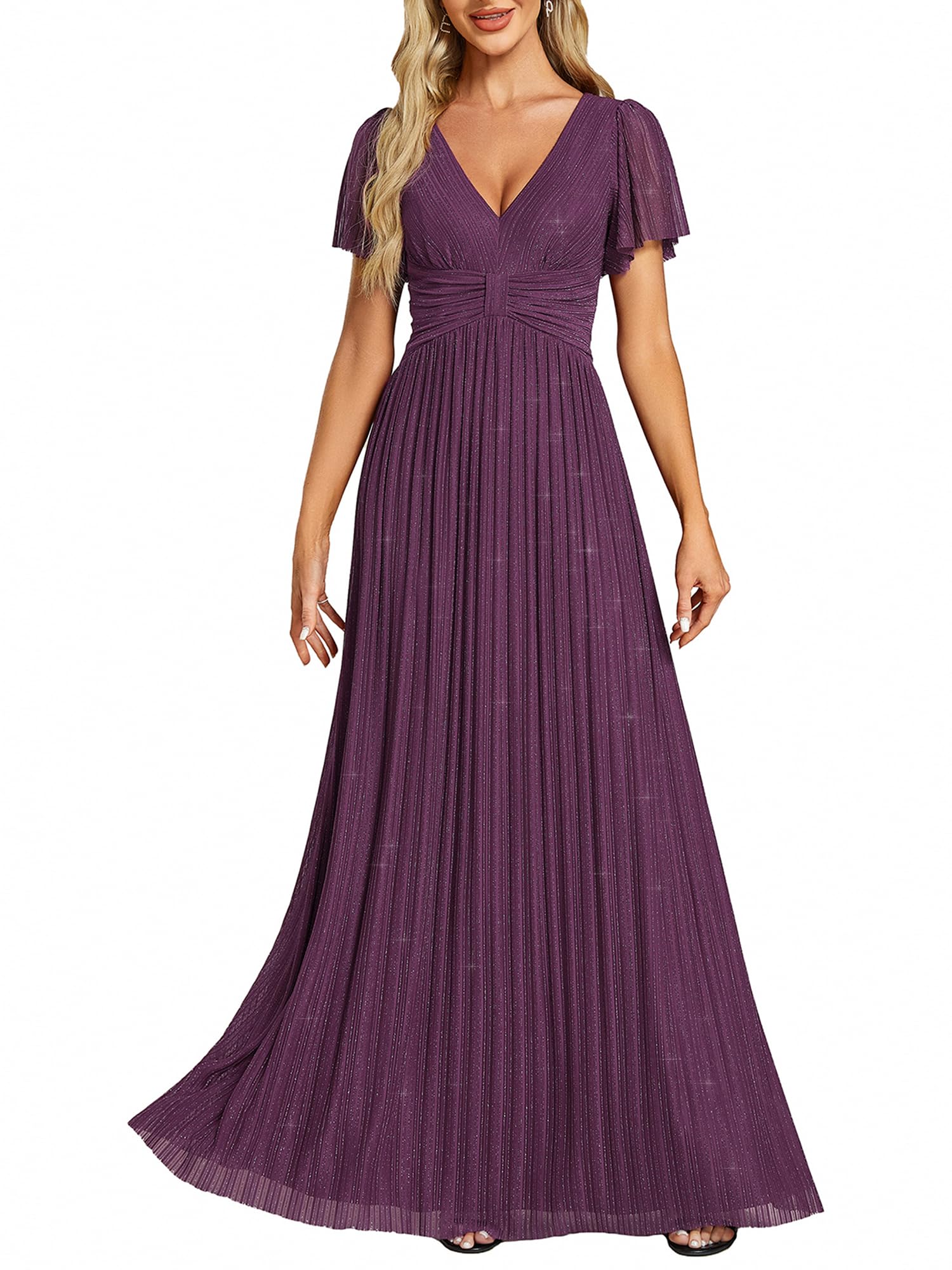 Ever-Pretty Abito da Sera Lungo per Donna, Maniche A Volant, Scintillante, Plissettato, Scollo A V, Vita Impero, Elegante EE11961-P