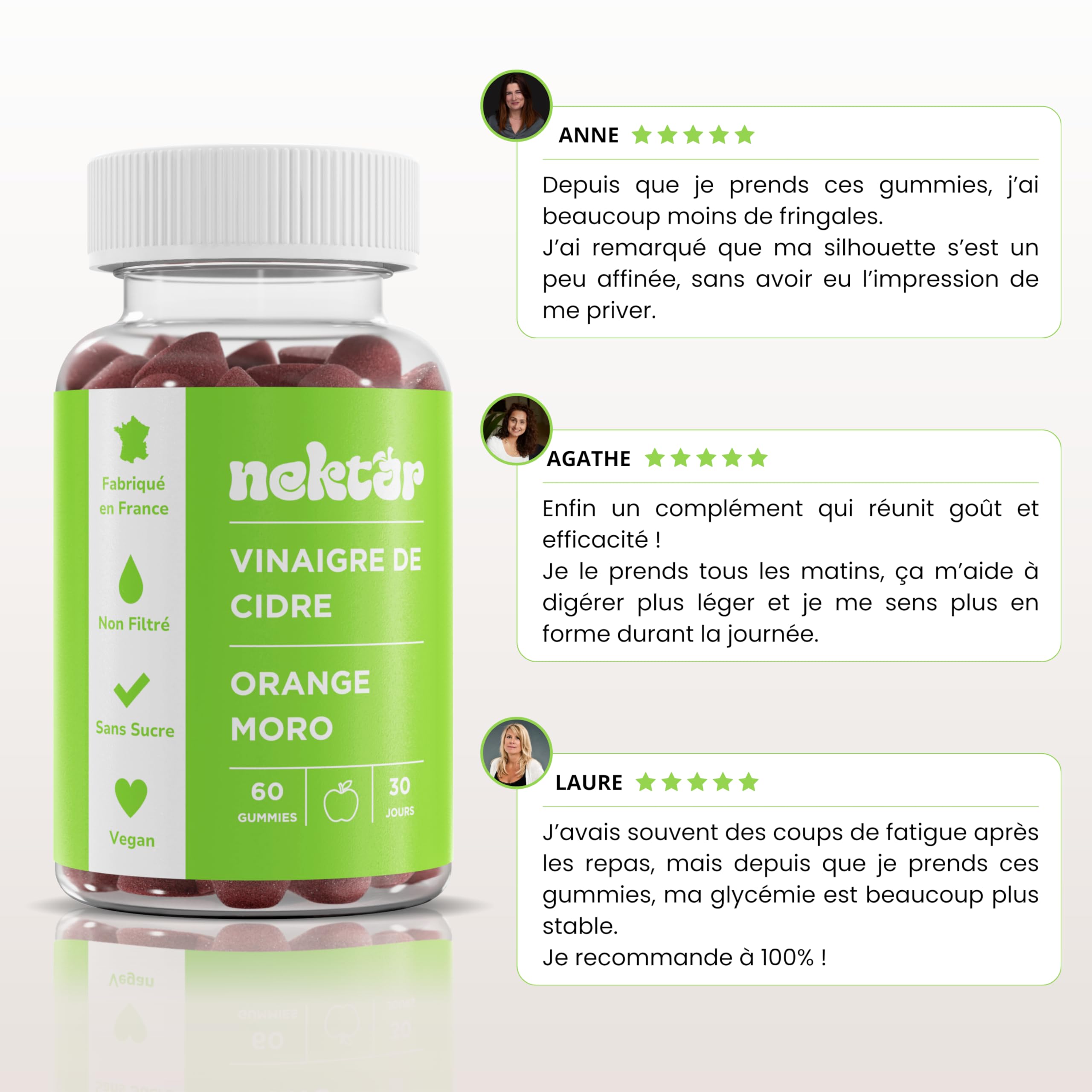Nektar | Gummies Vinaigre de Cidre 1000mg | Orange Moro | Chrome | Vitamine B6 | Perte de Poids, Digestion, Glycémie & Énergie | Sans Sucre, Vegan | Fabriqué en France