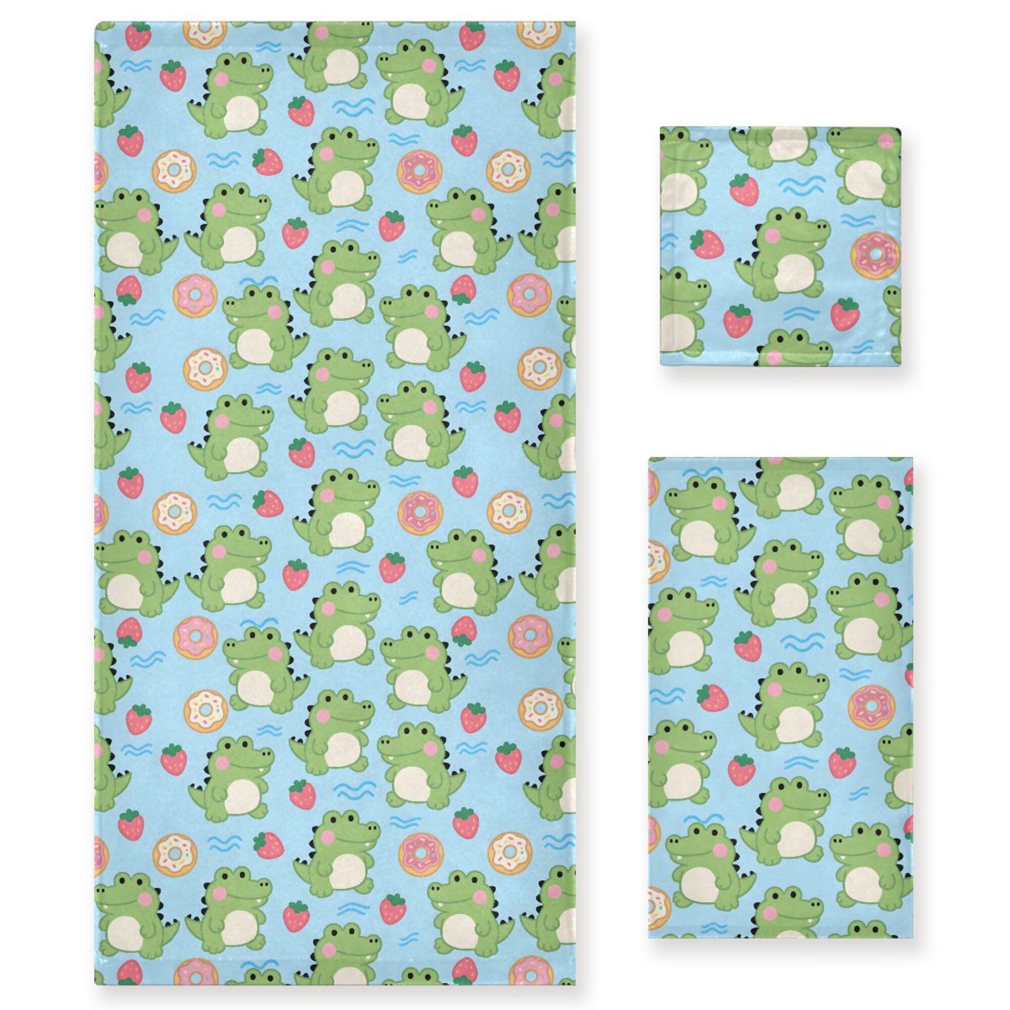 ALAZA Juego de 3 toallas para baño, diseño de cocodrilo, fresa, dona, baño, baño, baño, playa, decoración