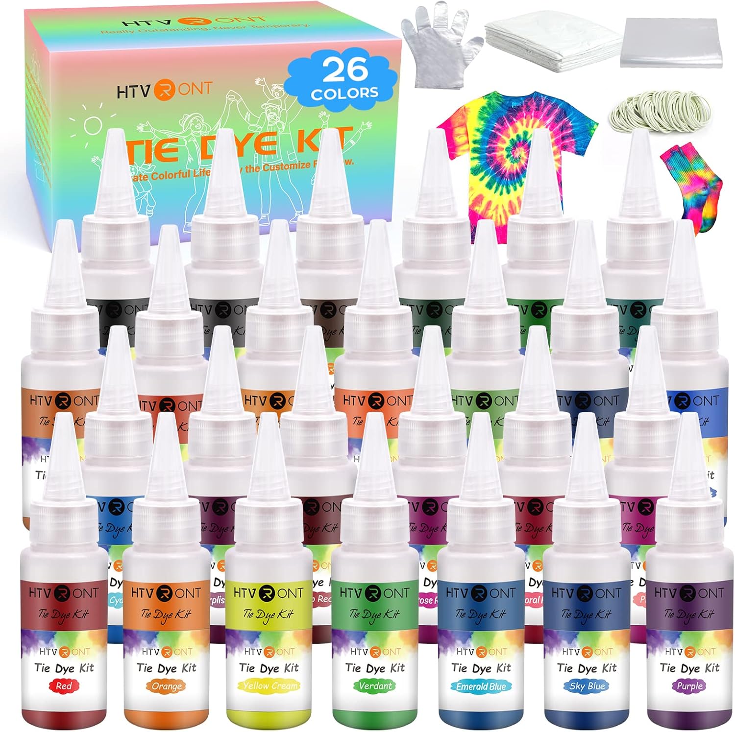 HTVRONT Tie Dye Kit - 32 Vibrant Colors Pre-Filled Bottles Tyedyedye Kit, Permanent Non-Toxic for Large Groups Kids Adults,Tye Fabric Textile Handmade Party(Just Add Water)
