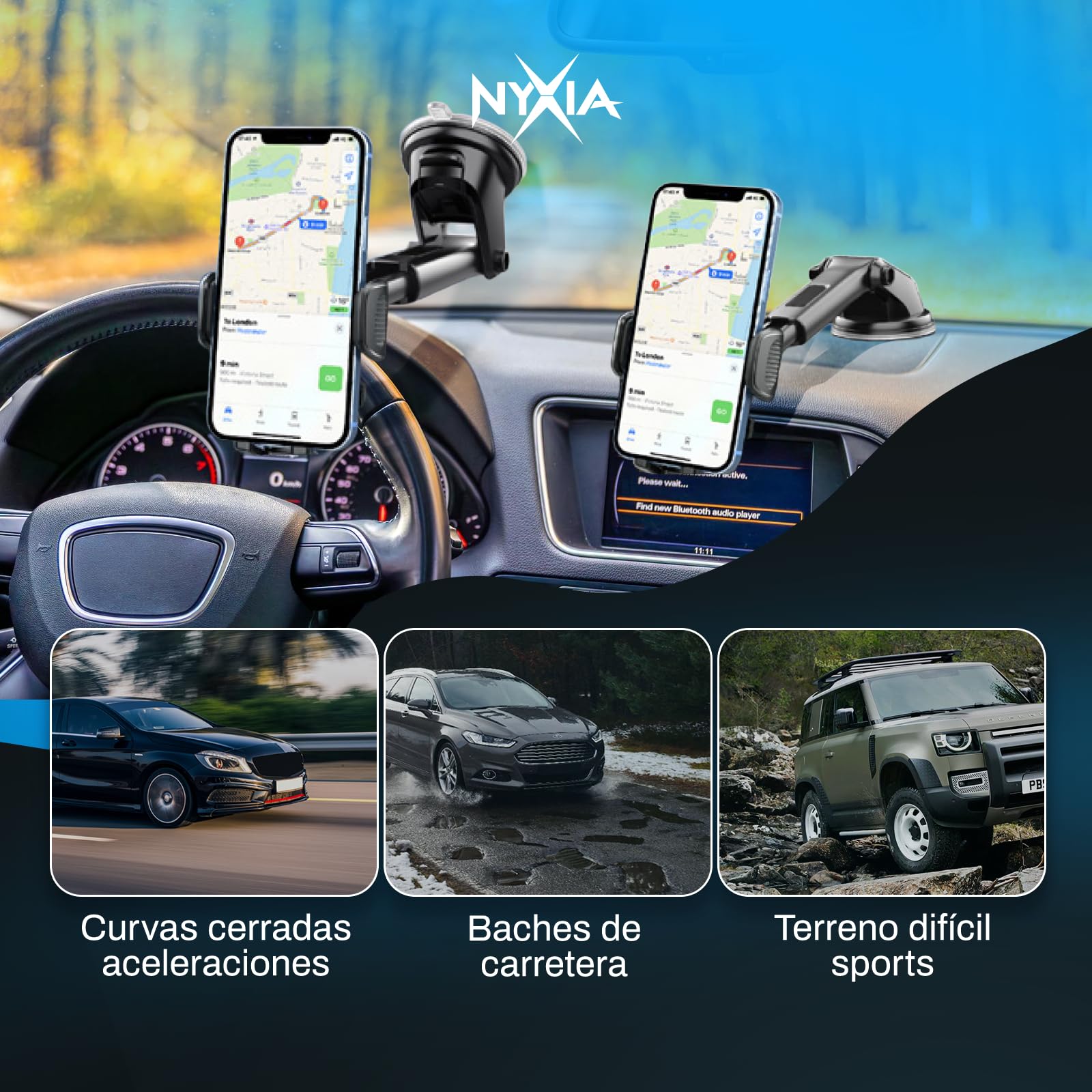 Nyxia® Soporte Movil Coche | Soporte Telefono Coche Universal | Potente Ventosa | Salpicadero/Parabrisas | Rotacion 360º | Compatible con Teléfono Móvil de 4” a 7” — view 3