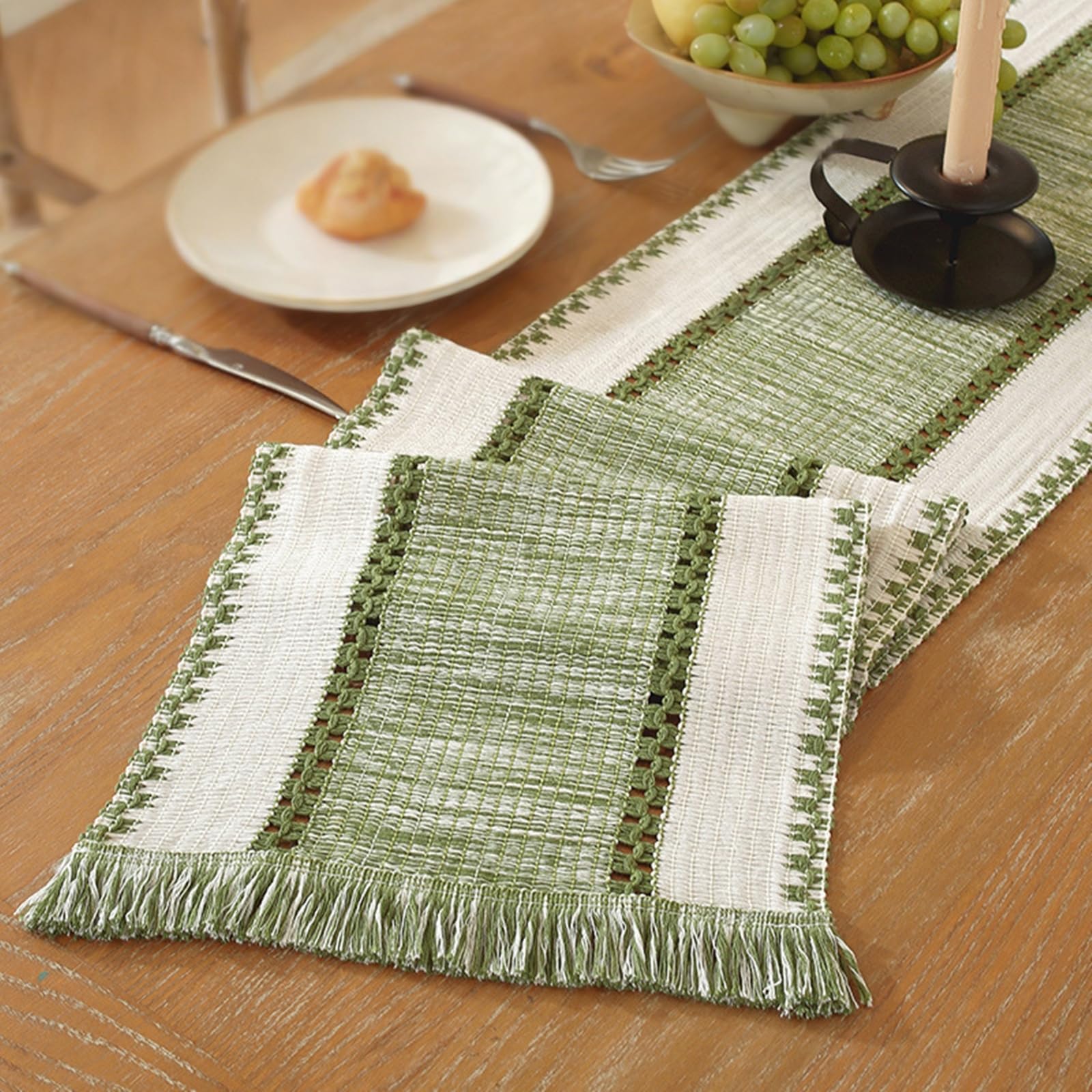 Tischläufer Polyester Modern, Tischläufer Wohnzimmer 30x350 cm, Leinenoptik, Zweifarbig Grün Gewebt mit Quasten
