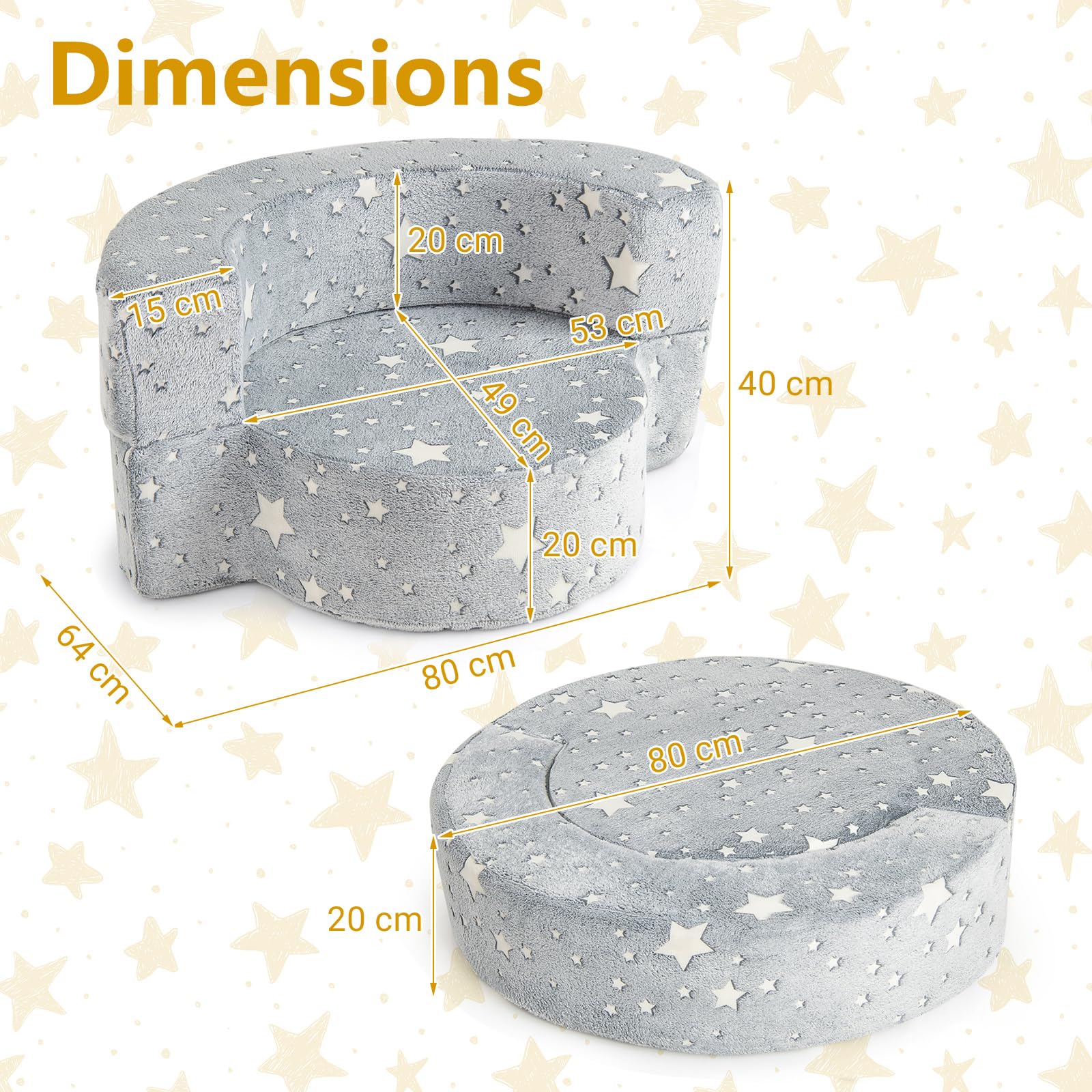 COSTWAY Canapé Convertible Enfant Lumineux avec Motif Étoile, Fauteuil Enfant Convertible en Tissu Flanelle avec Housse Lavable, Canapé Modulaire Phosphorescent pour Garçon et Fille de 3 Ans+