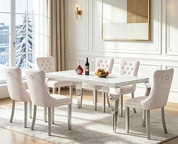 Henf 7 Piece Dining Table Set with 6 Beige Fabric Dining Chairs, 68in White Faux Marble Dining Room Table Set for 6, Silver Stainless Steel Legs, Rectangle Kitchen Table and Chairs Set for 6