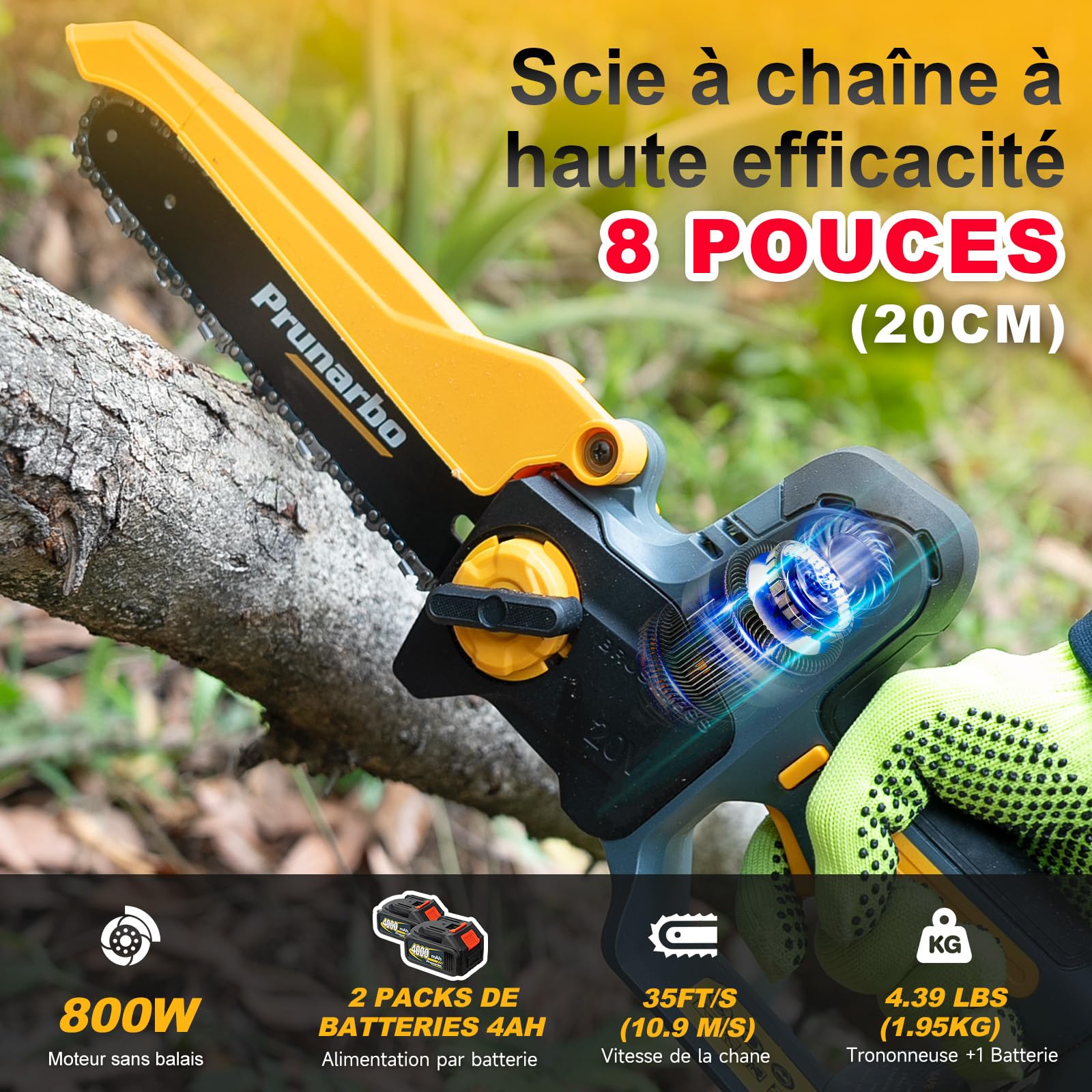 Mini Tronçonneuse 8" Sans Fil avec 2 Batteries 4Ah | Coupe Sans Effort, Lubrification Automatique, Compatible Perche Télescopique, Arbres Fruitiers, Entretien du Jardin