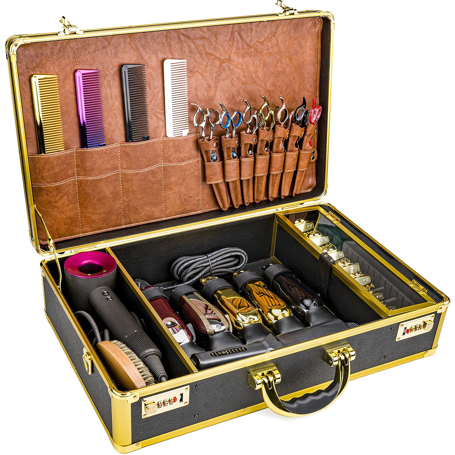 Professionelle Barber Case, Tragbarer Friseurtasche Salon Tool Aufbewahrungskoffer für Friseur Haarschneider, Schere, Trimmer, Friseurbedarf, Futter PU Leder, groß