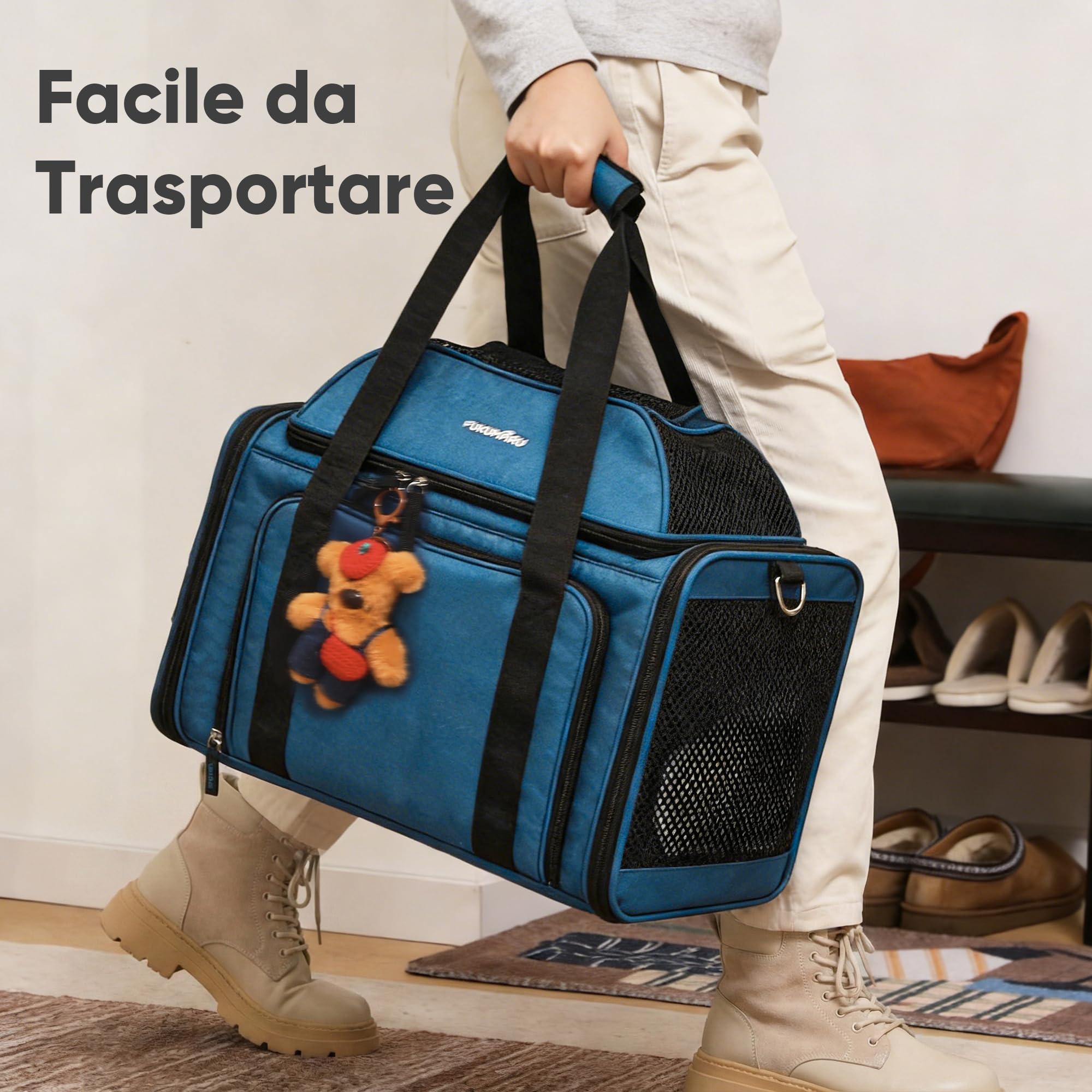 FUKUMARU Trasportino Gatto Espandibile, Morbido e Ventilato, Approvato Compagnie Aeree, Trasportino Cane Piccolo Resistente con Rete Antigraffio, Sicuro e Antifuga, Blu, 46x28x28 cm