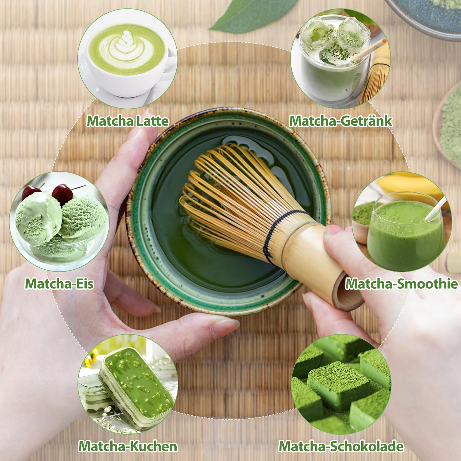 POFIBO Matcha Besen Set - 4-teiliges Matcha Tee Set mit Matcha Whisk, Matcha Löffel, Teepinselhalter aus Keramik, Matcha-Schneebesen-Set, Matchaset, Japanisches Teeset Zubehör für die Matcha-Zeremonie