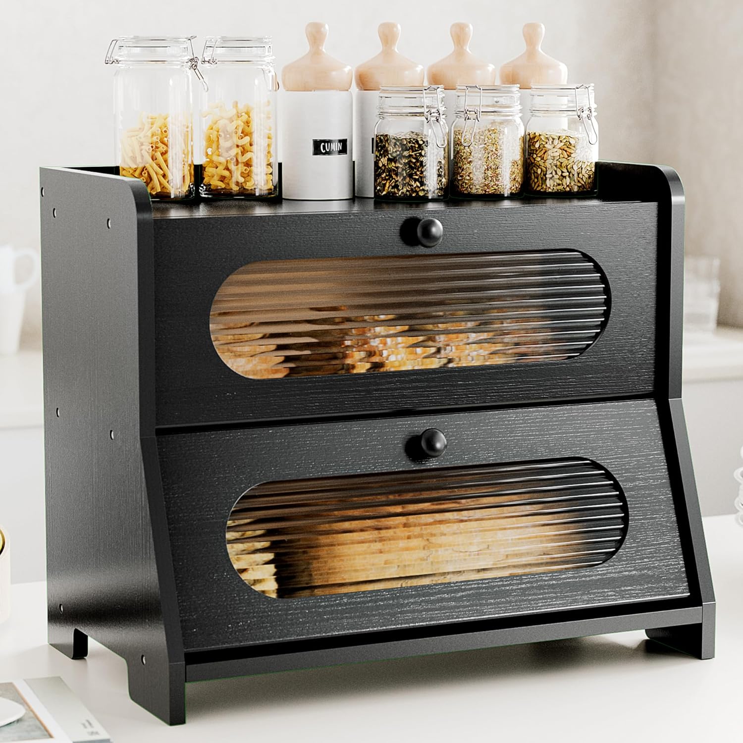 Bread Box for Kitchen Countertop,Double Layer Large Capacity Bamboo Bread Storage Container with Acrylic Wavy Door Panel for Kitchen Counter,Cabinet,Pantry(Black) 2-Tier Black