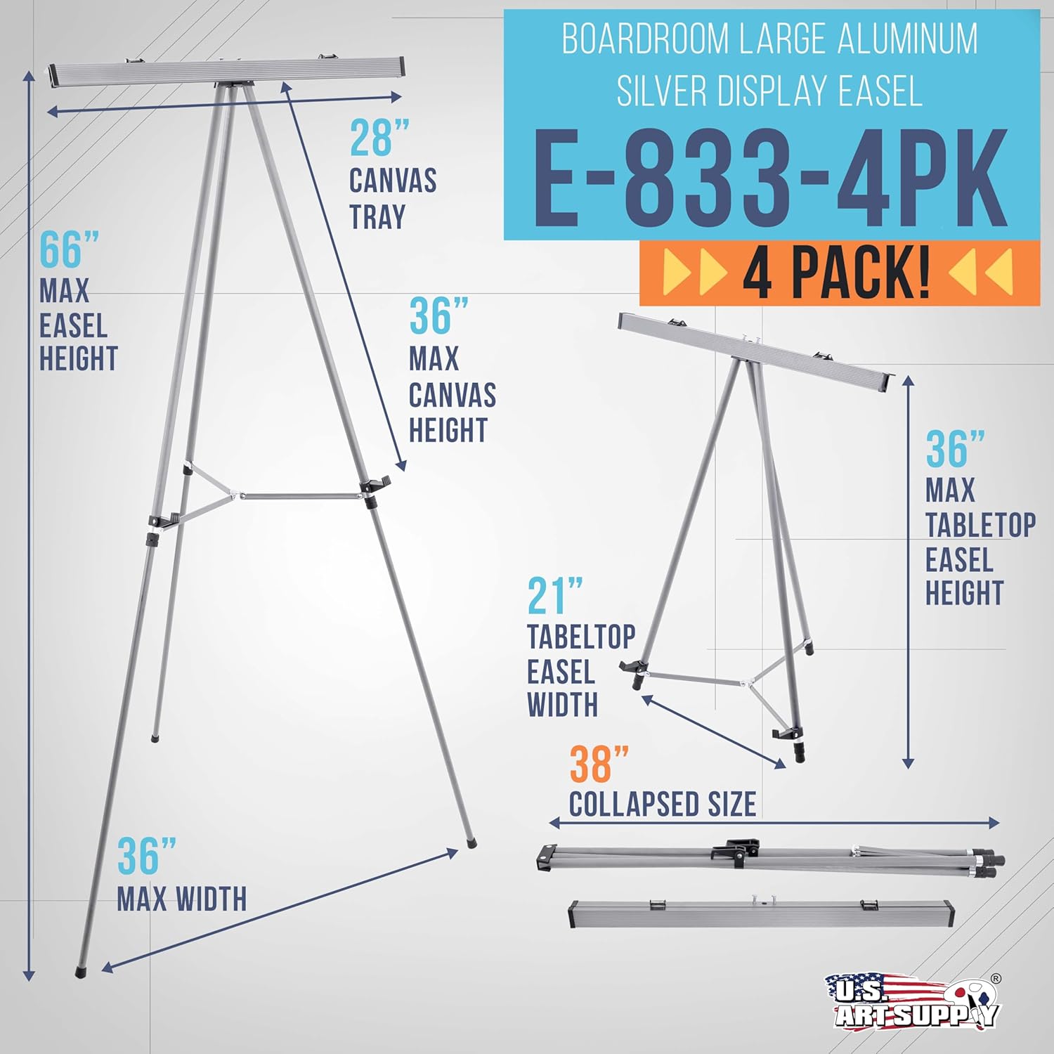 U.S. Art Supply 66" High Classroom Silver Aluminum Flip Chart Easel & Presentation Stand (4 Pack) - Adjustable Floor/Tabletop, Portable Tripod, Holds 25 lbs., for Chart Paper, Poster Boards, & Pads