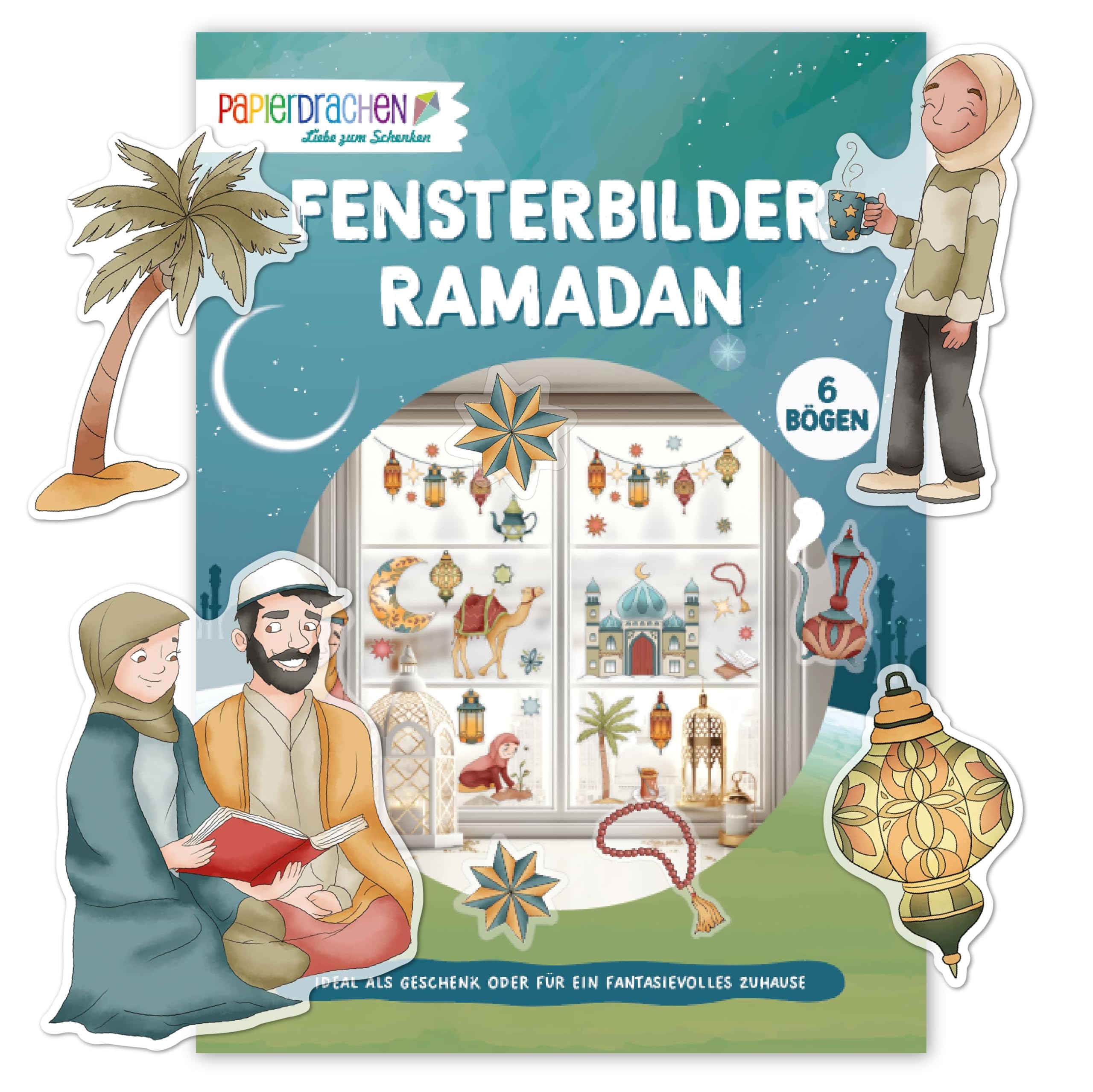 Papierdrachen Fensterbilder Ramadan – 6 Stickerbögen - zauberhafte Deko - liebevoll illustriert - einzeln verwendbar - festlich - Set 01