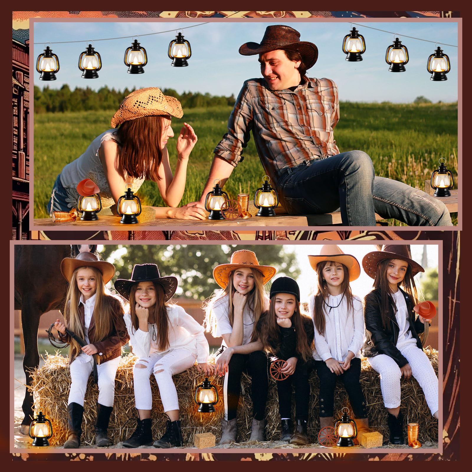 24 decorazioni per feste a tema cowboy, centrotavola per feste a tema cowboy, mini cappello da cowboy, lanterna, ferro di cavallo, ruota di carro, balle di fieno, per matrimoni occidentali, compleanni