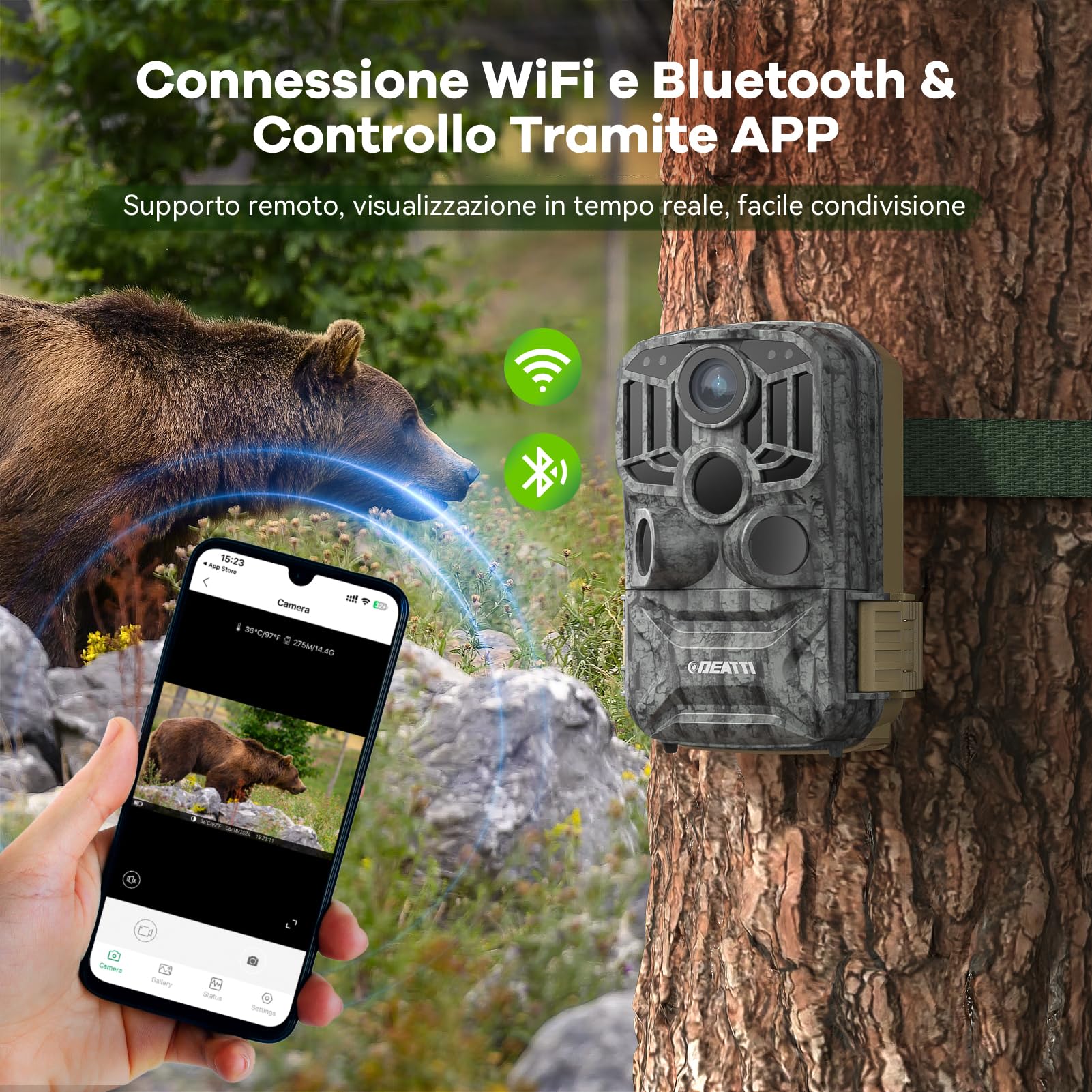 DEATTI Fototrappola WIFI 4K 48MP con Scheda SD 32GB e 8 batterie AA Fotocamera Velocità di Trigger 0,1S, Fototrappole Caccia Visione Notturna Impermeabile IP66